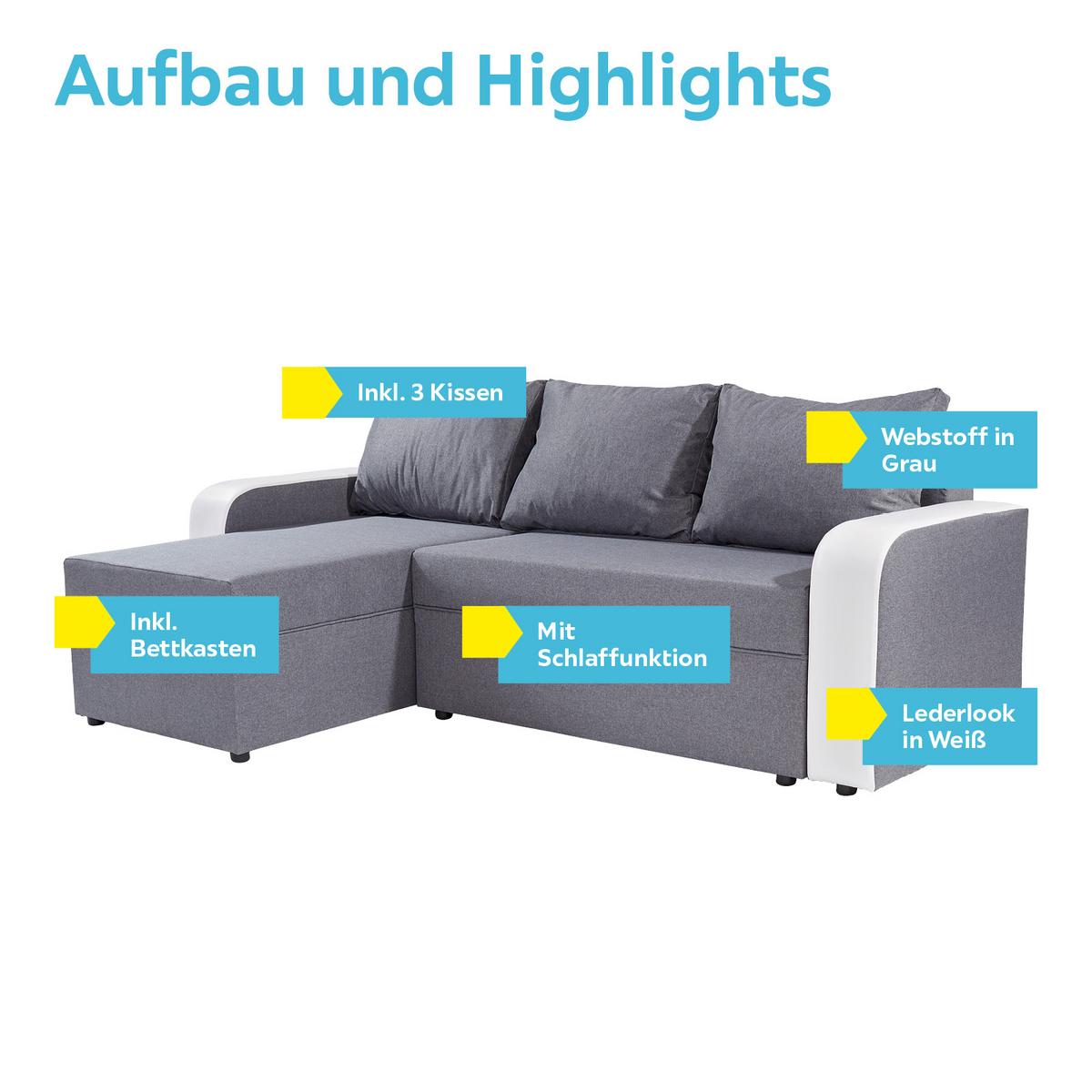 Ecksofa mit Schlaffunktion Racer, Webstoff/Lederlook - Schwarz/Weiß, KONVENTIONELL, Holz/Textil (149/237cm)