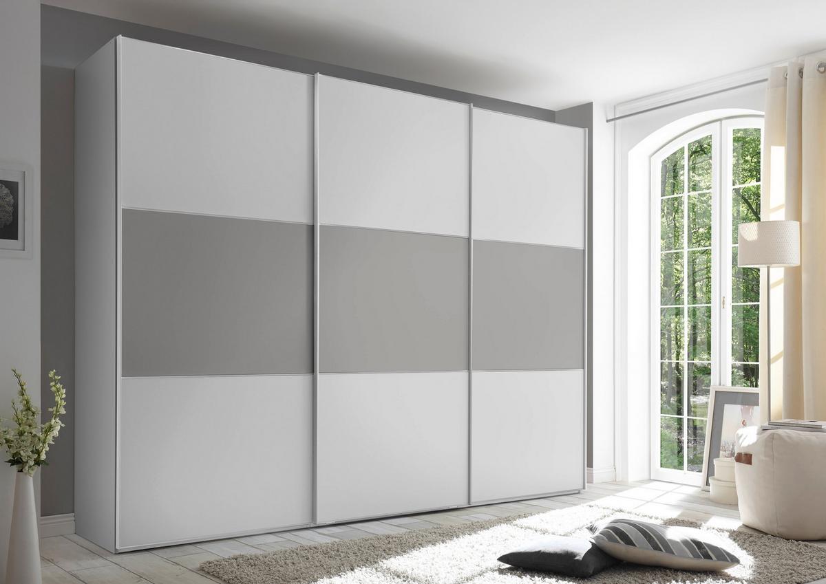 Schwebetürenschrank 280cm Includo, Weiß/grau - Weiß/Grau, MODERN, Holzwerkstoff (280/222/68cm)