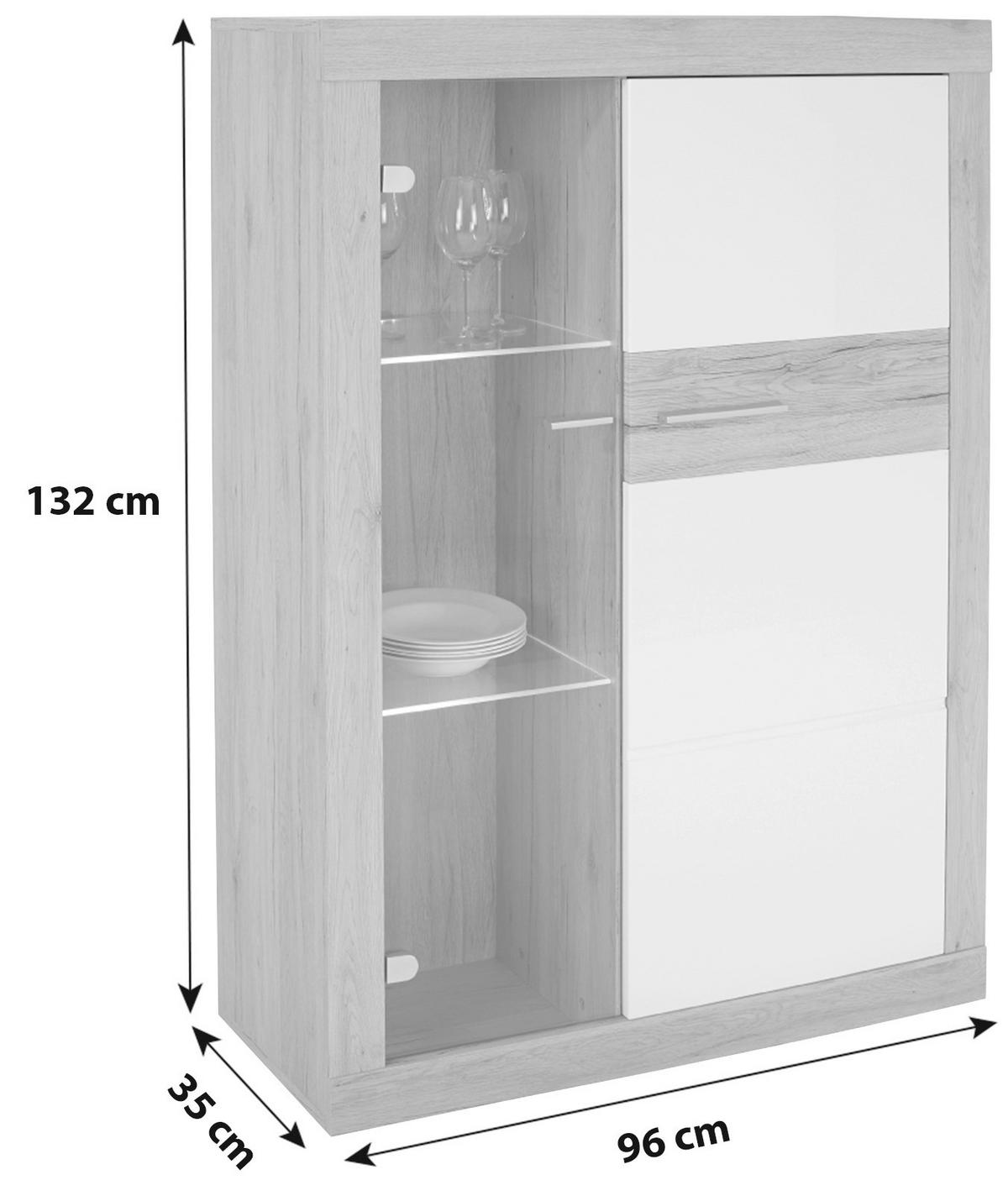 Vitrine Malta B: 96 Cm Inkl. Beleuchtung, Eiche Dekor/weiß - Eichefarben/Schwarz, MODERN, Glas/Holzwerkstoff (96/132/35cm)