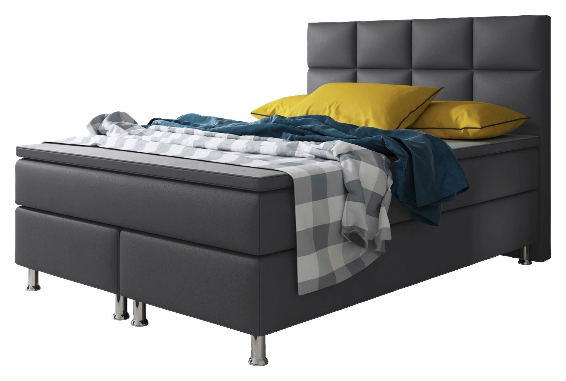 Boxspringbett Mit Topper / Matratze 180x200 Cm Miami - Anthrazit/Silberfarben, KONVENTIONELL, Leder/Textil (140/115/210cm) - MID.YOU