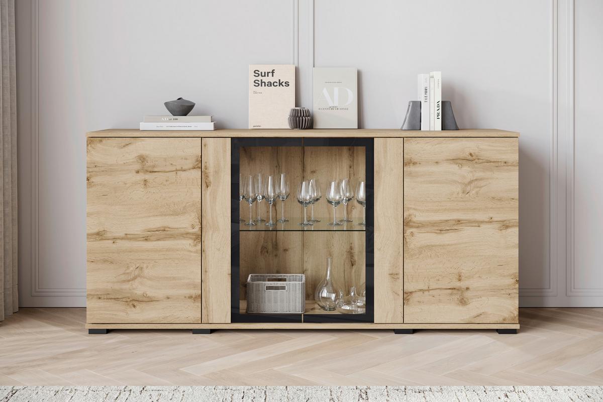 Kommode Caro Eiche Wotan B: 150 cm - Eiche Wotan/Schwarz, Design, Glas/Holzwerkstoff (150/69,7/39,5cm) - Livetastic