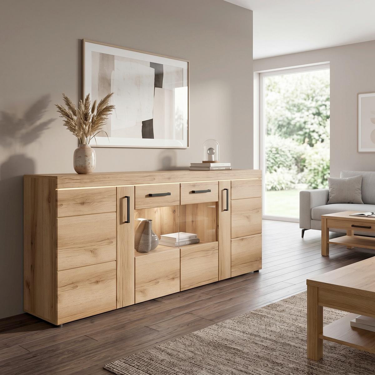 Kommode Cortina Eichefarben Dekor B: 185,1 cm - Eichefarben/Schwarz, MODERN, Glas/Holzwerkstoff (185,1/86/40,9cm)