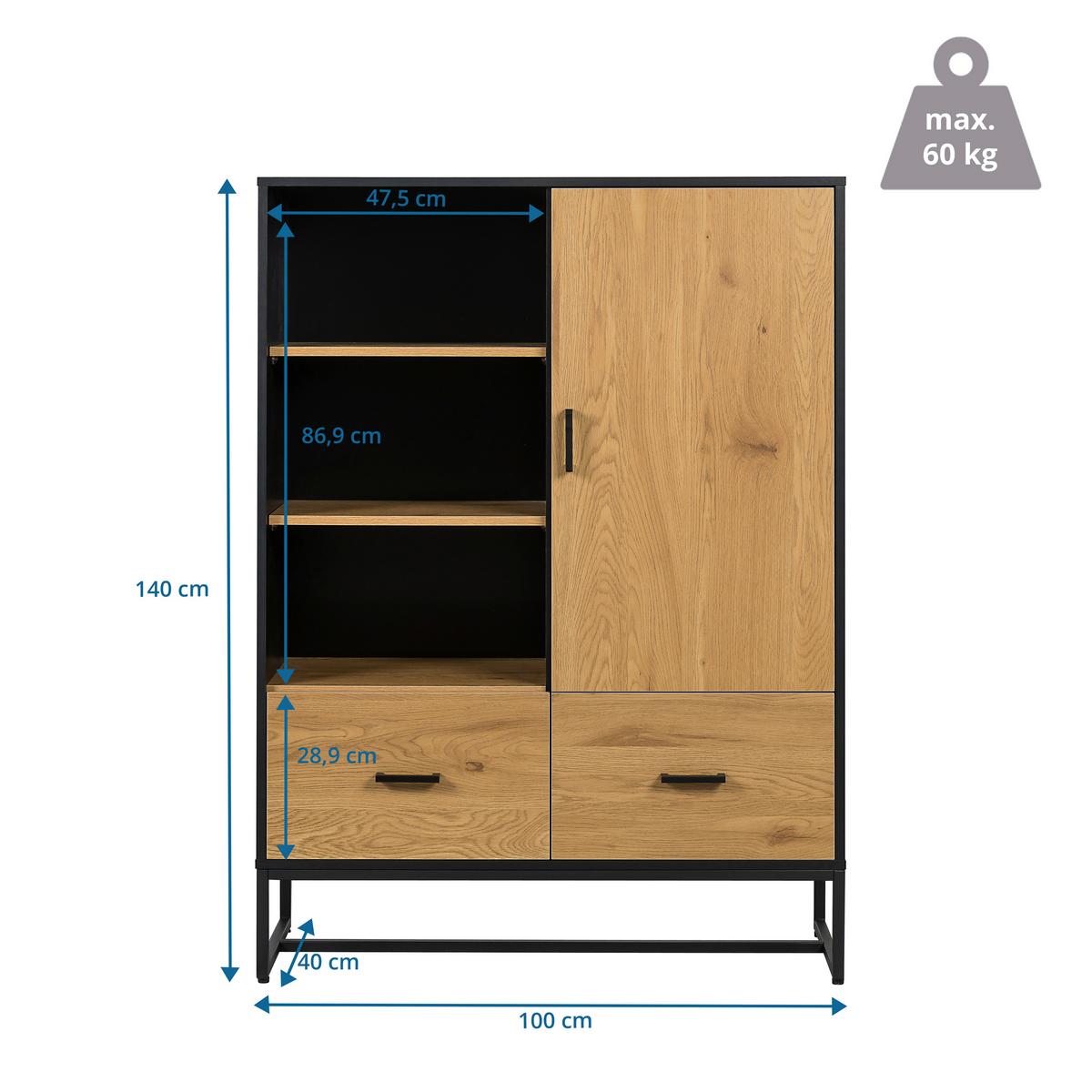 Highboard Amio Eichefarben, Schwarz B: 100 Cm - Eichefarben/Schwarz, MODERN, Holzwerkstoff (100/140/40cm) - MID.YOU