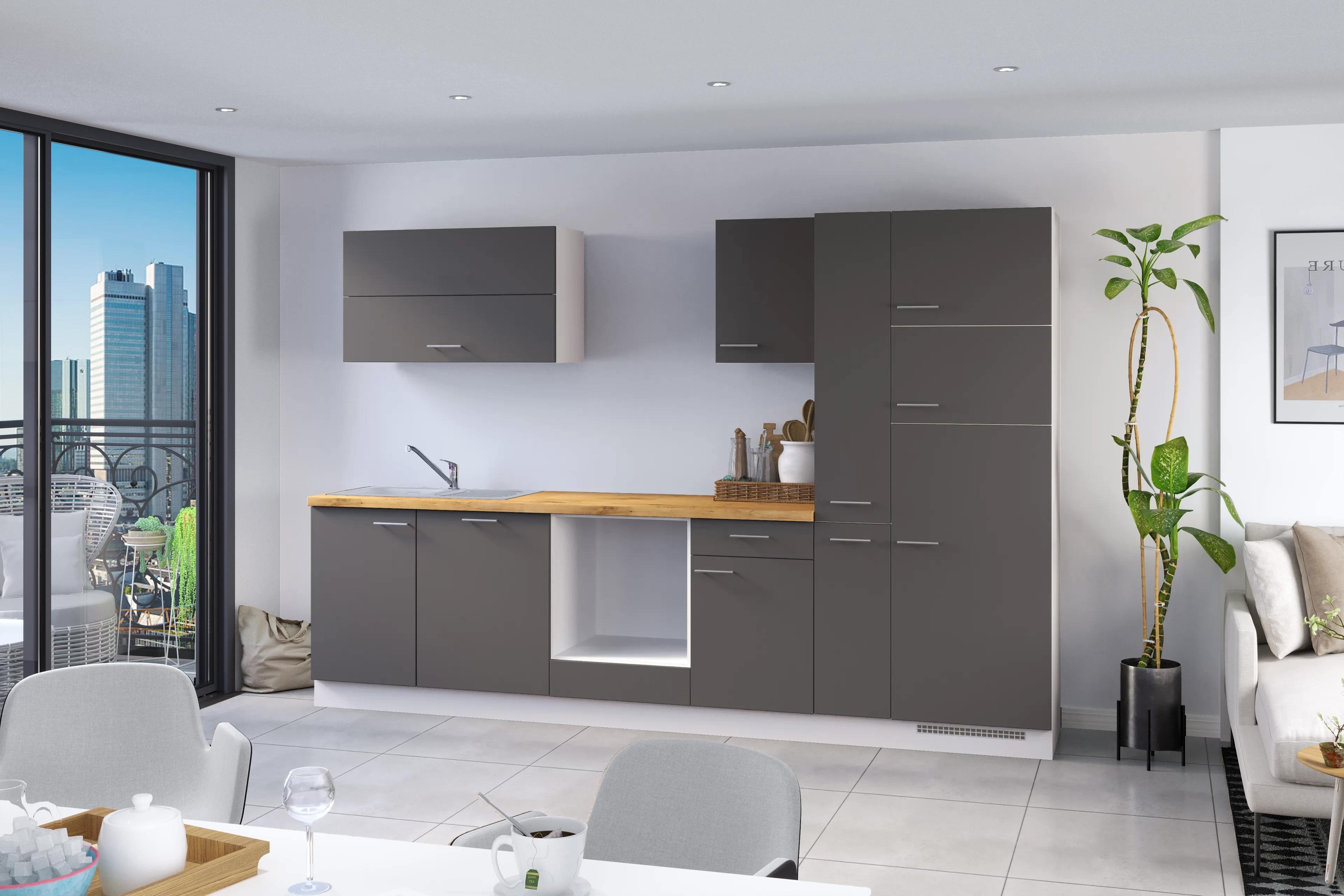Küchenzeile Ip1200 Ohne Geräte 310 Cm Grafit / Eiche - Eichefarben/Graphitfarben, Basics, Holzwerkstoff (310cm)