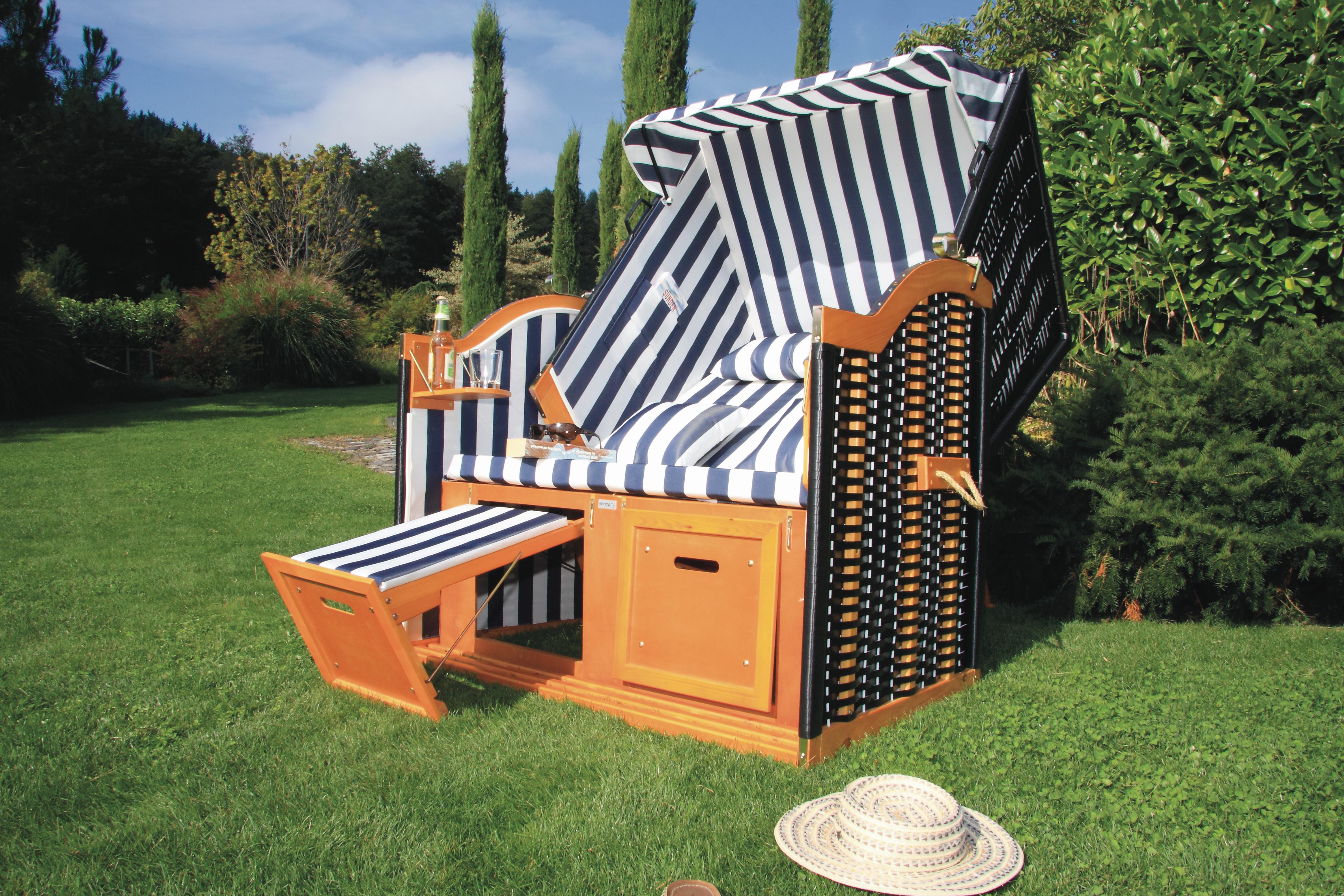 Strandkorb Nordsee Sylt Halblieger 2-Sitzer Blau/weiß - Blau/Weiß, Basics, Holz/Textil (116/160/72cm) - Acamp