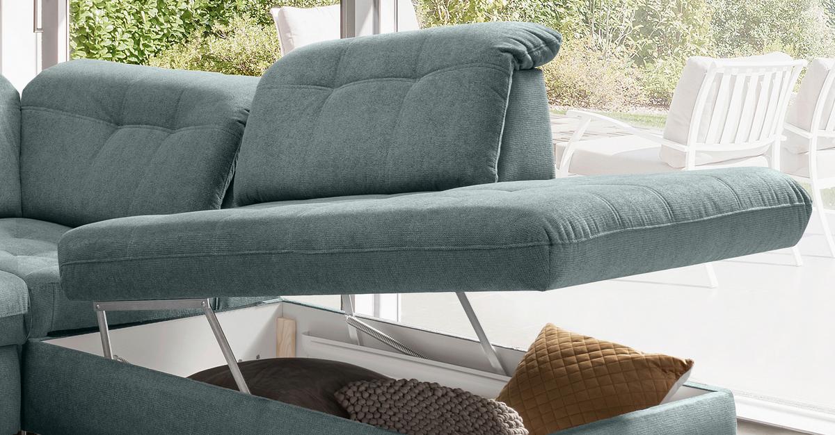 Wohnlandschaft Mit Bettkasten Rigatti Blau B: 387 Cm - Blau/Schwarz, MODERN, Textil (184/387/252cm) - Livetastic