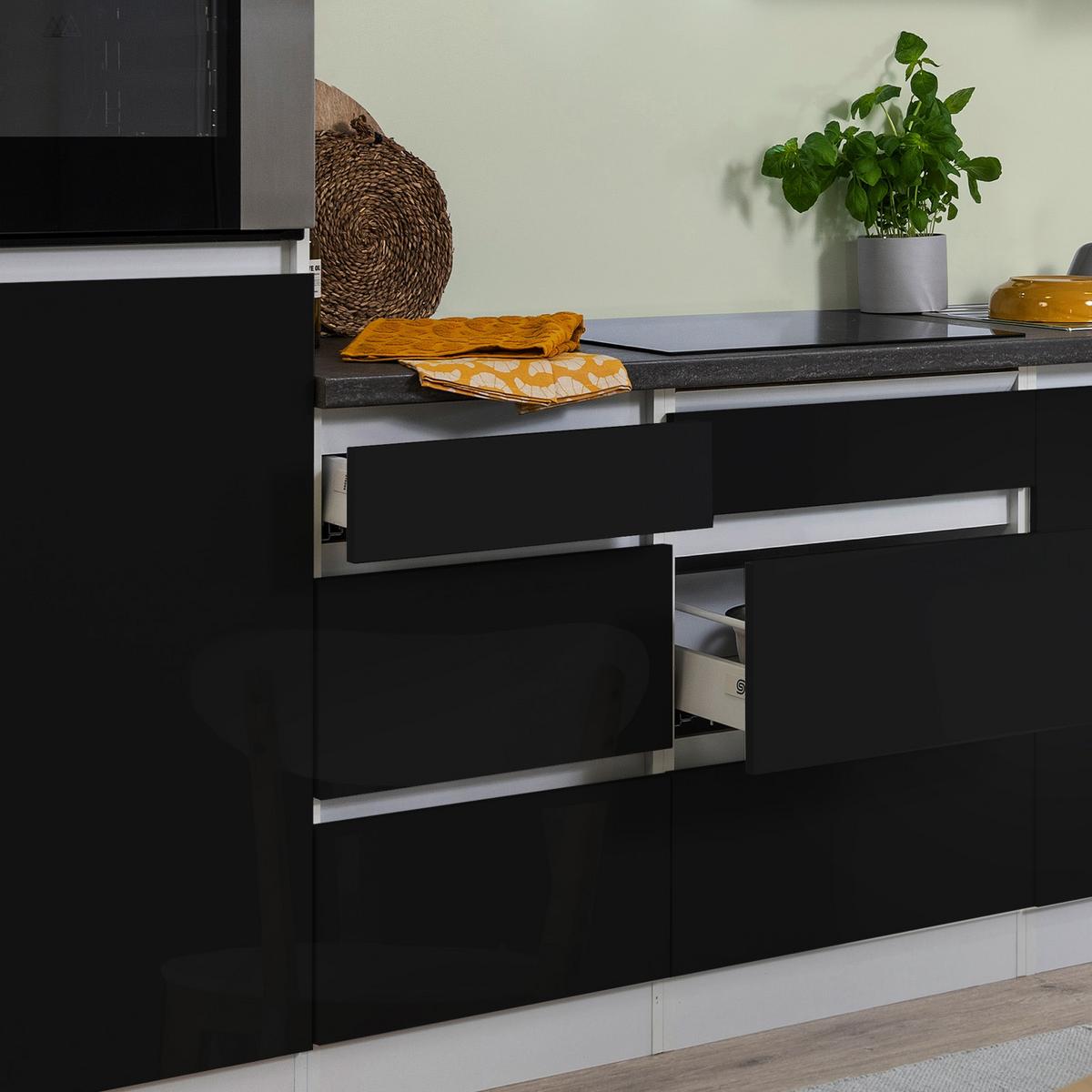 Küchenzeile Premium m. Geräten 270 cm Schwarz/Weiß Hochglanz - Schwarz/Braun, MODERN, Holzwerkstoff (270cm) - Respekta