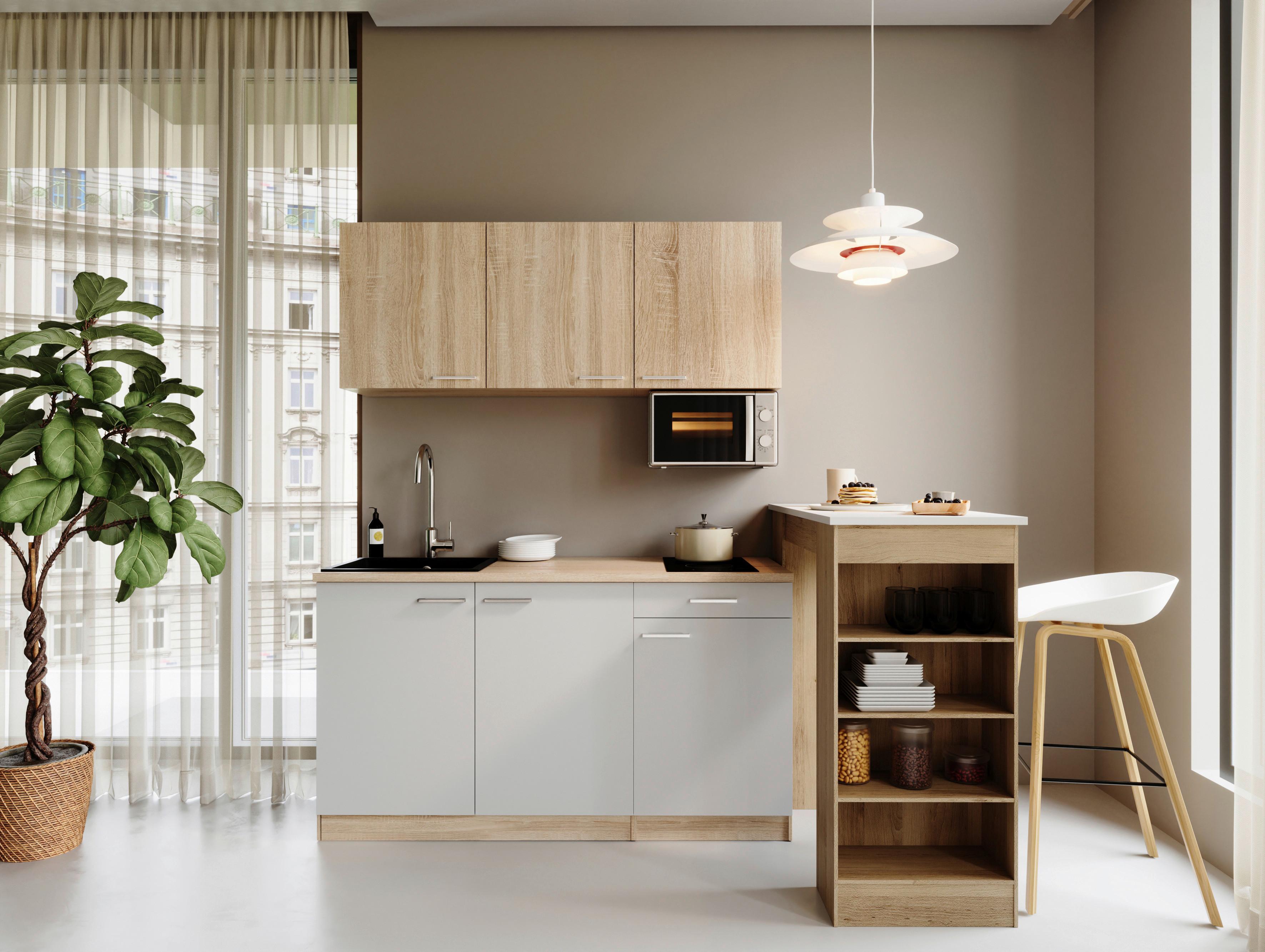 Miniküche Ingrid Weiß/Eichefarben B: 150cm - Eichefarben/Weiß, Design, Holzwerkstoff (150cm) - Respekta
