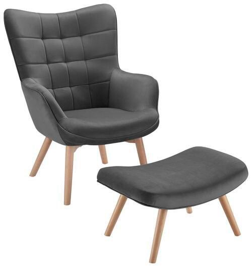 Relaxační křeslo s taburetkou Merlin, šedé - antracitová, Moderní, kov/dřevo (71/98/80cm) - Bessagi Home