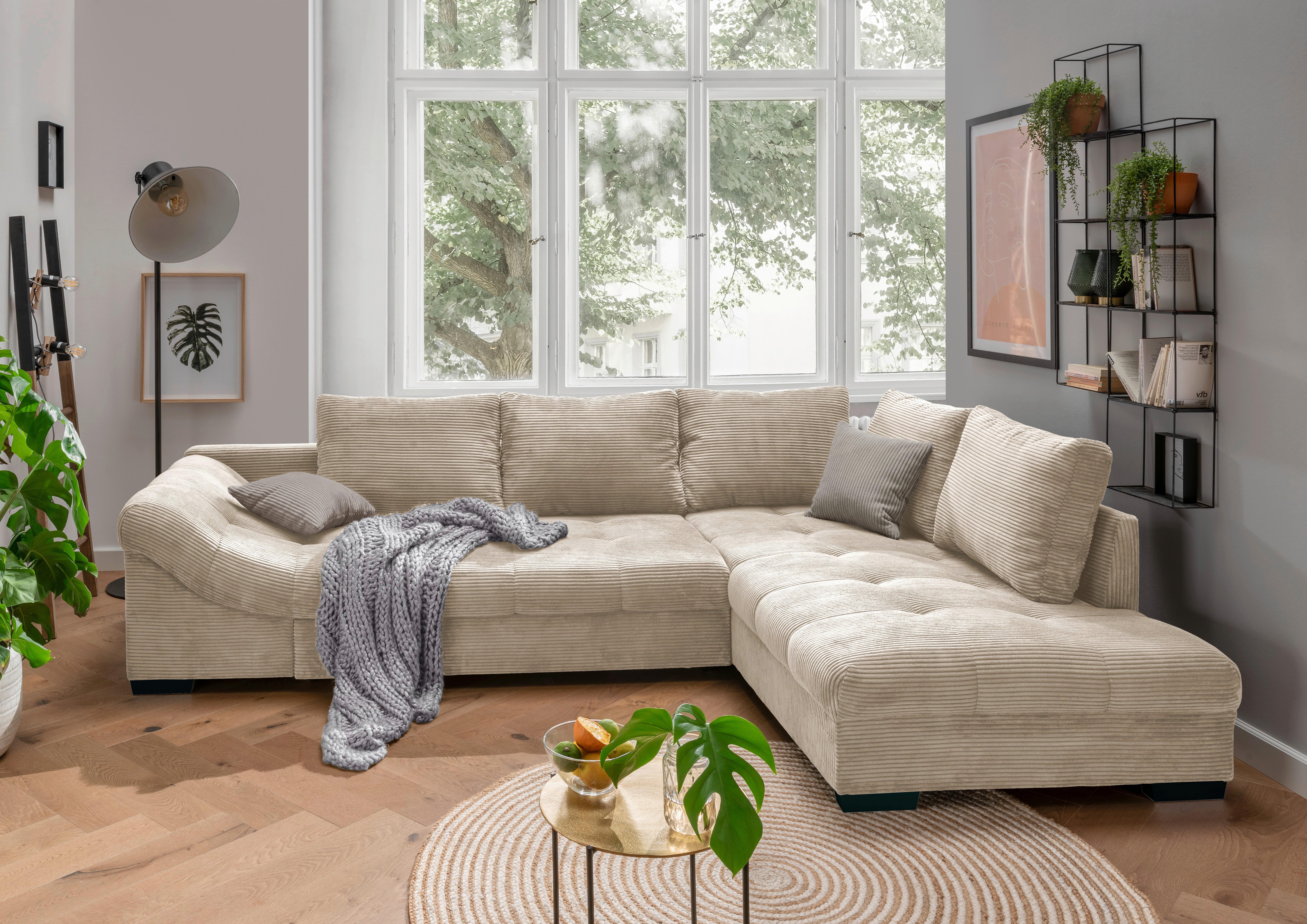 Rohová sedačka ALVITO, pravá, béžový manšestr - šedá/černá, Design, dřevo/textil (298/202cm) - MID.YOU
