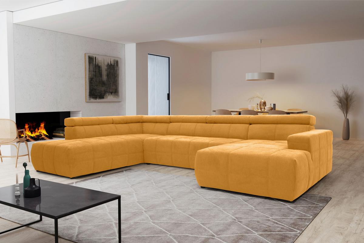 Wohnlandschaft Brandon mit Kopfteilverstellung Orange - Schwarz/Orange, Design, Textil (228/359/175cm) - MID.YOU