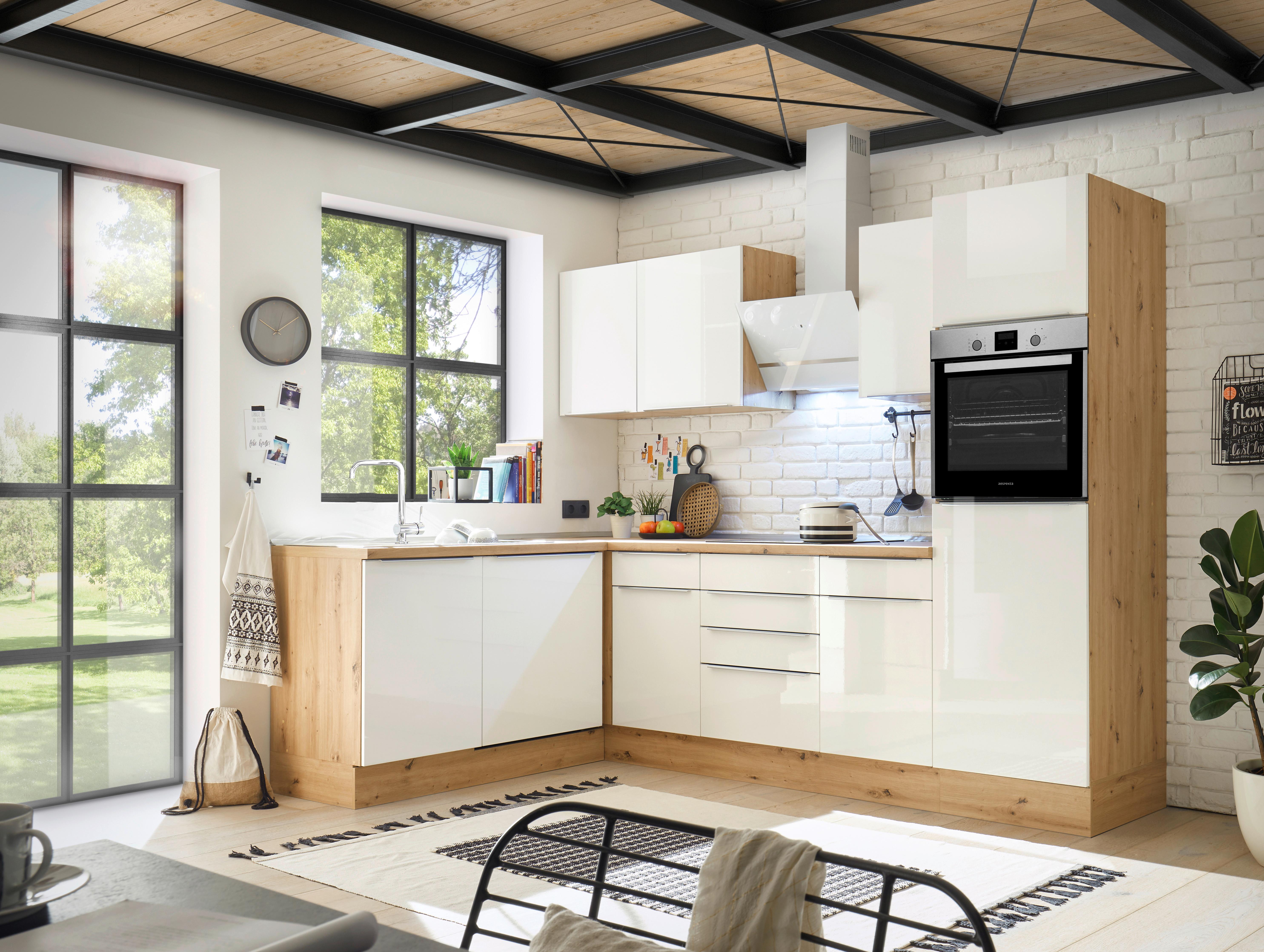 Eckküche Mit Geräten 280x170 Cm Weiß/eiche Dekor, Modern