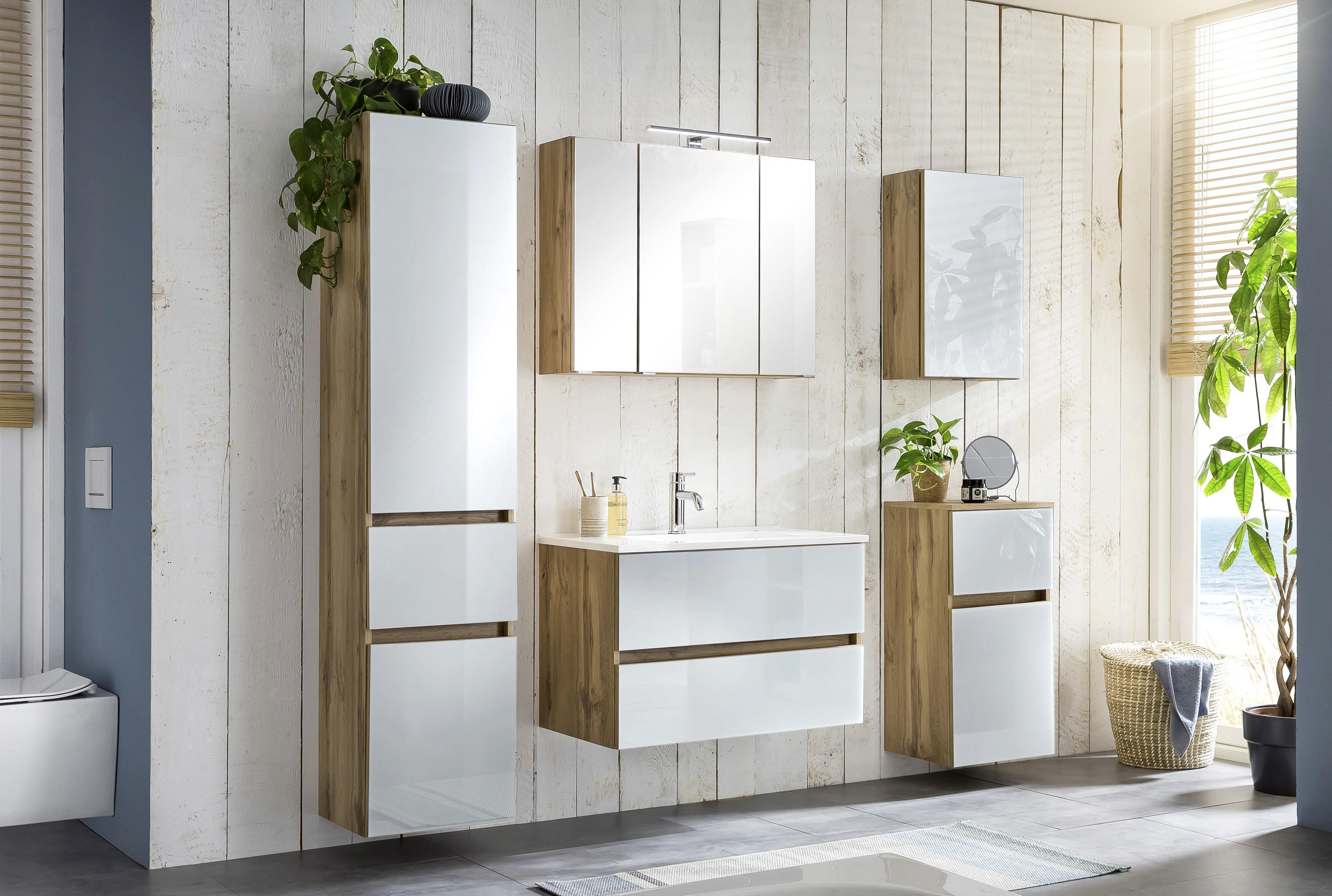 Badmöbel-Set 6-Teilig inkl. LED Helsinki, Weiß/Eiche - Eichefarben/Weiß, KONVENTIONELL, Glas/Holzwerkstoff (160cm) - Held