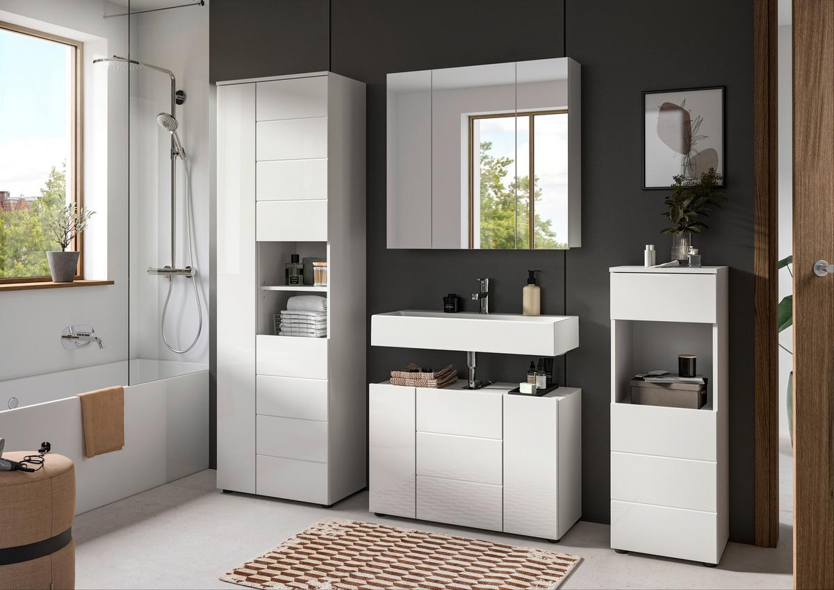 Badezimmer Vira Weiß B: 180 cm - Weiß Hochglanz/Schwarz, MODERN, Holzwerkstoff (180cm) - MID.YOU