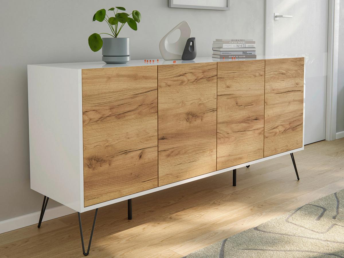 Sideboard Posseik Industrial Eichefarben/Weiß B: 155 cm - Eichefarben/Weiß Hochglanz, Design, Holzwerkstoff (155/75,8/42cm) - MID.YOU