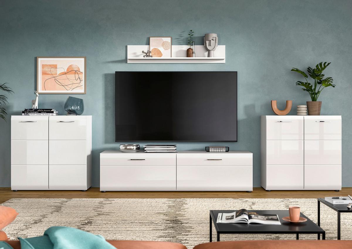 Sideboard Ice Weiß/weiß Hochglanz B: 350 Cm - Weiß Hochglanz/Schwarz, Design, Holzwerkstoff (350/160/41cm) - Livetastic