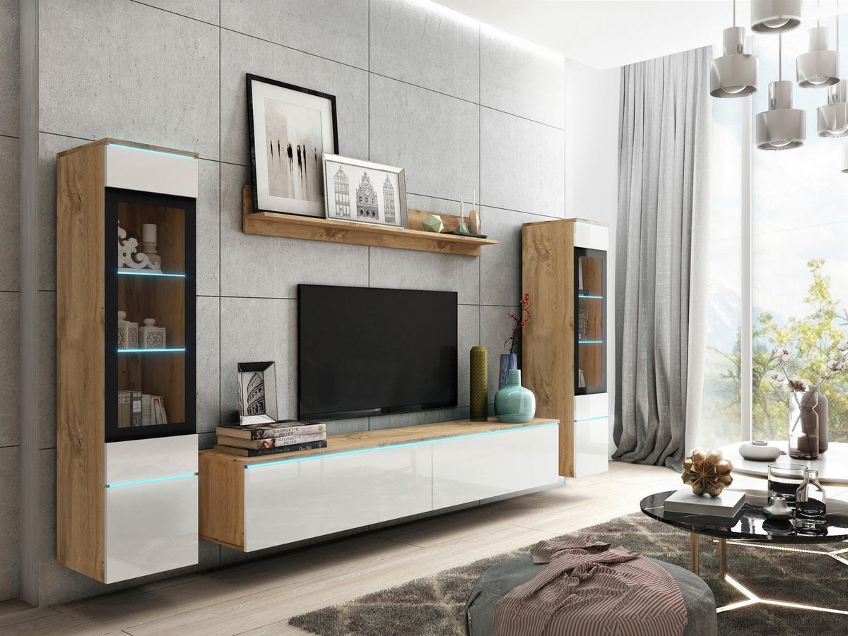 Obývacia stena s LED dekor dub Wotan/biela VL - sivá/biela s vysokým leskom, Lifestyle, kompozitné drevo/plast (240/130/33cm) - P & B