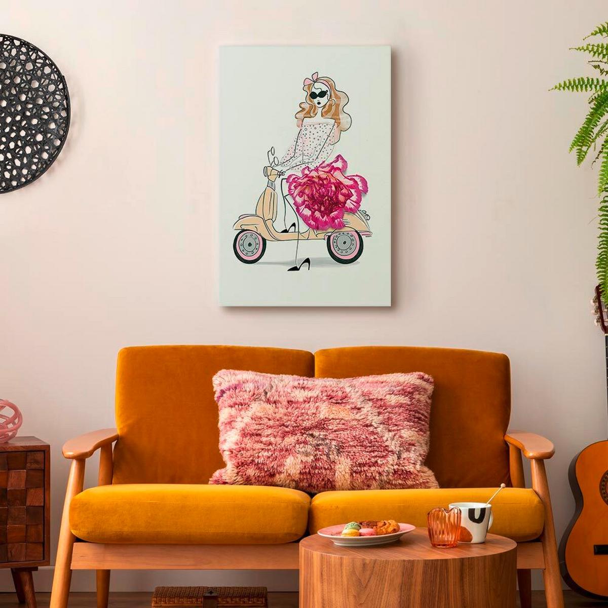 Leinwandbild Girl On A Scooter Beige Magenta B: 40 cm - Beige/Magenta, Basics, Holzwerkstoff/Textil (40/60/1,2cm) - artgeist