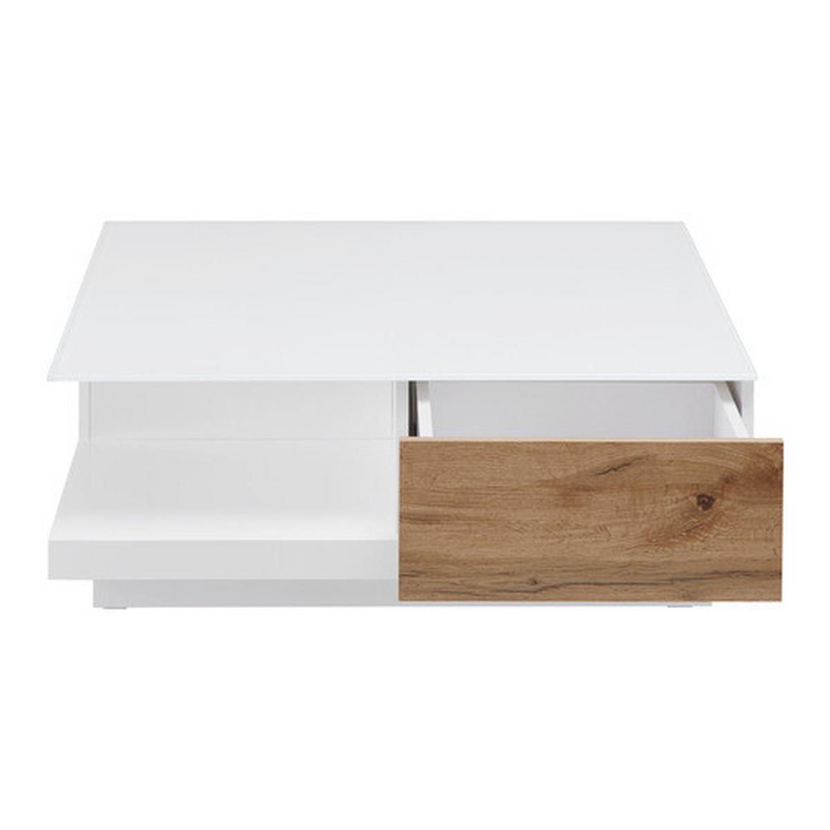Konferenční stolek NEVIO bílá/dekor dub - bílá/barvy dubu, Moderní, sklo (85/85/30cm) - Bessagi Home