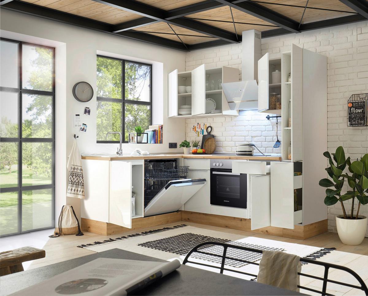 Eckküche mit Geräten 250x170 cm Weiß/Eiche Dekor, Modern - Weiß Hochglanz/Weiß, LIFESTYLE, Holzwerkstoff (250/170cm) - Respekta