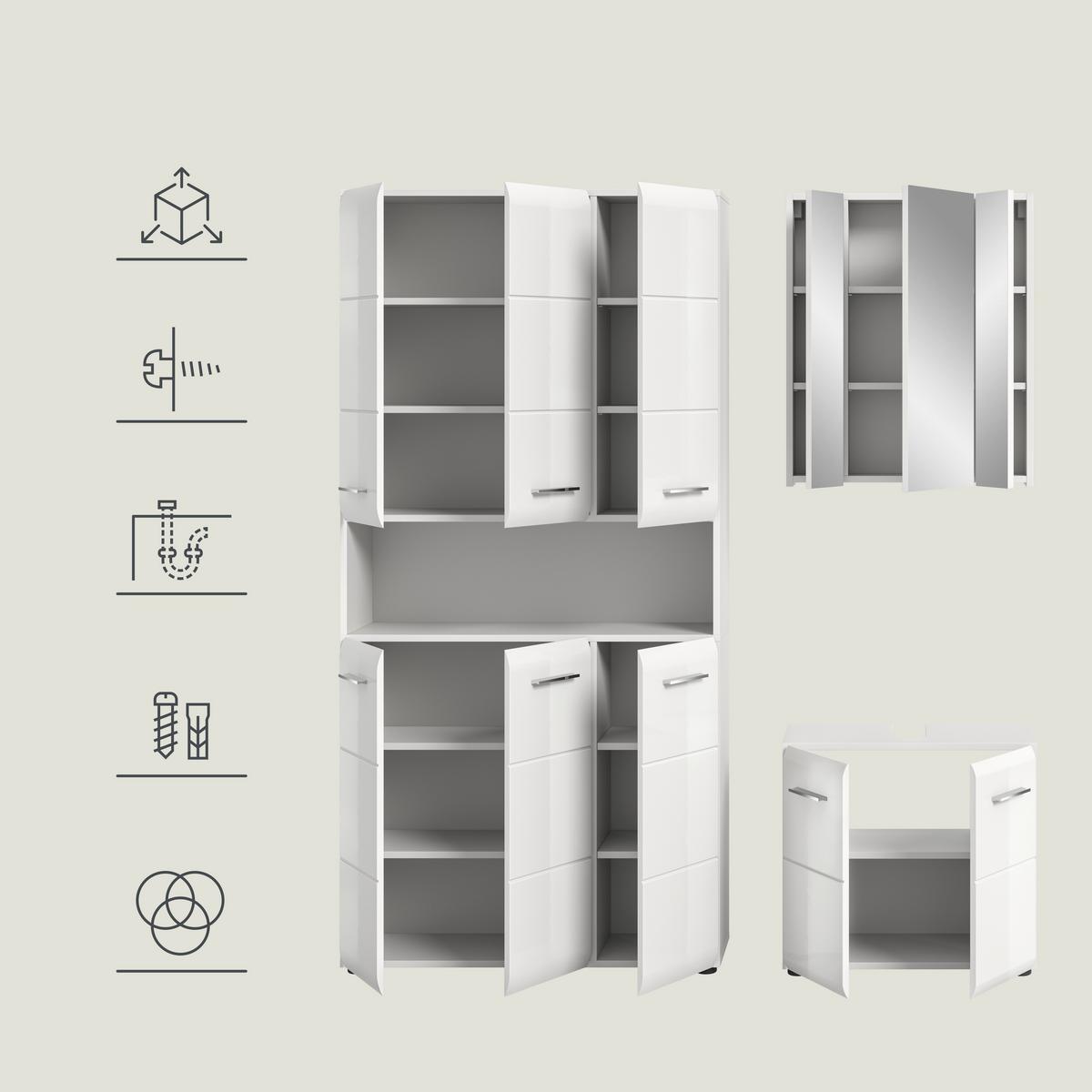 Badezimmer Ice Weiß/Weiß Hg B: 150 cm - Weiß Hochglanz/Schwarz, MODERN, Holzwerkstoff (150/185/30cm) - MID.YOU