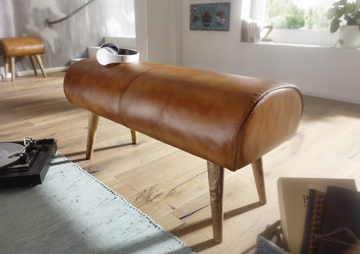 Lavice hnědá - přírodní barvy/hnědá, Moderní, dřevo/kůže (100/53/40cm) - MID.YOU