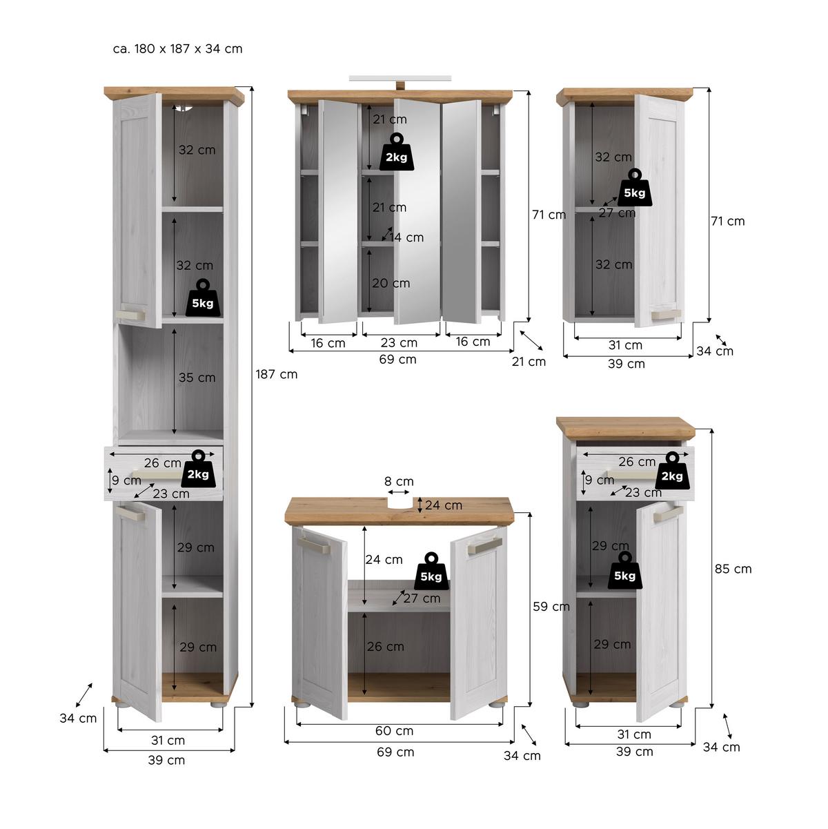Badezimmer Verona Eiche Dekor /Lärchefarben B: 147cm - Silberfarben/Lärchefarben, Trend, Glas/Holzwerkstoff (147cm) - MID.YOU
