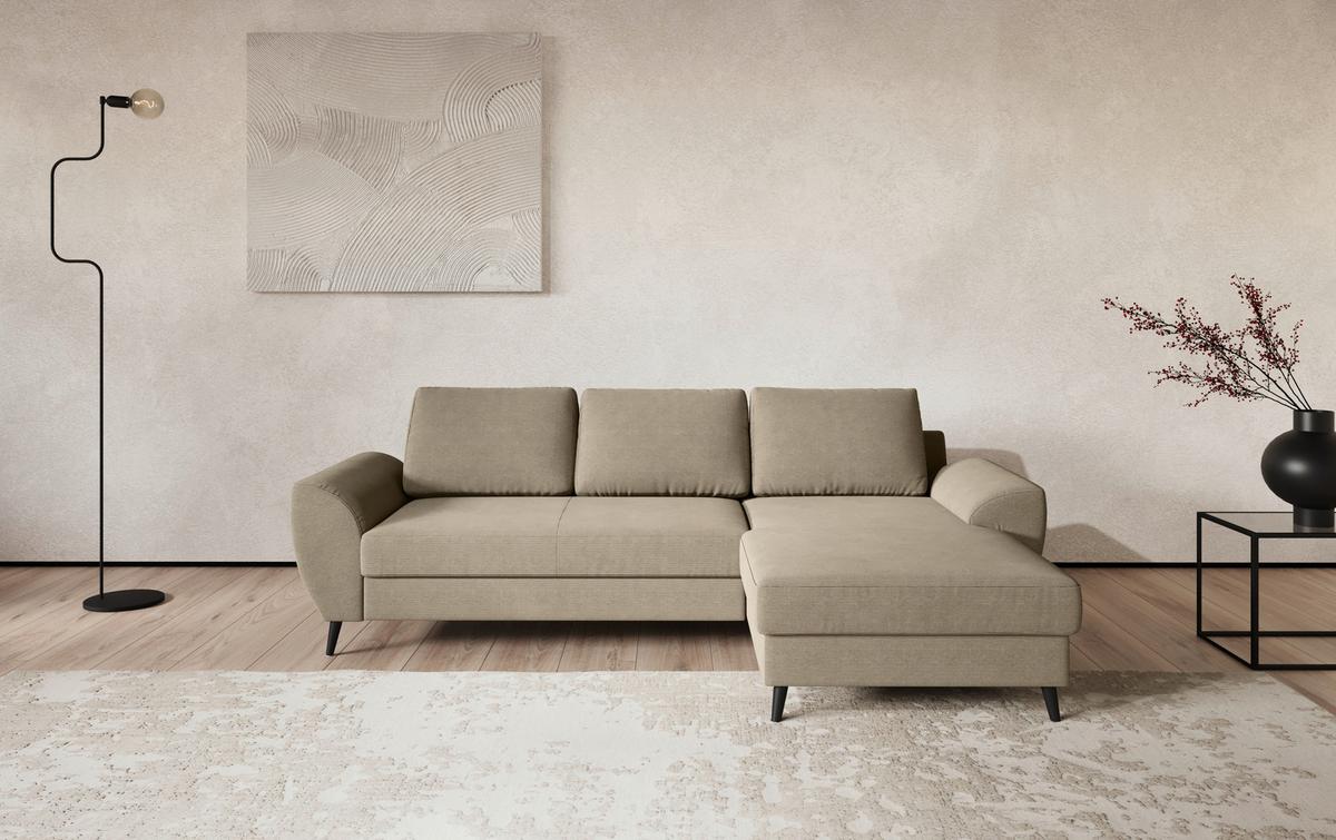 Ecksofa mit Bettfunktion Terra Cord braun, B: 255cm - Hellbraun/Schwarz, Trend, Textil (255/154cm) - MID.YOU