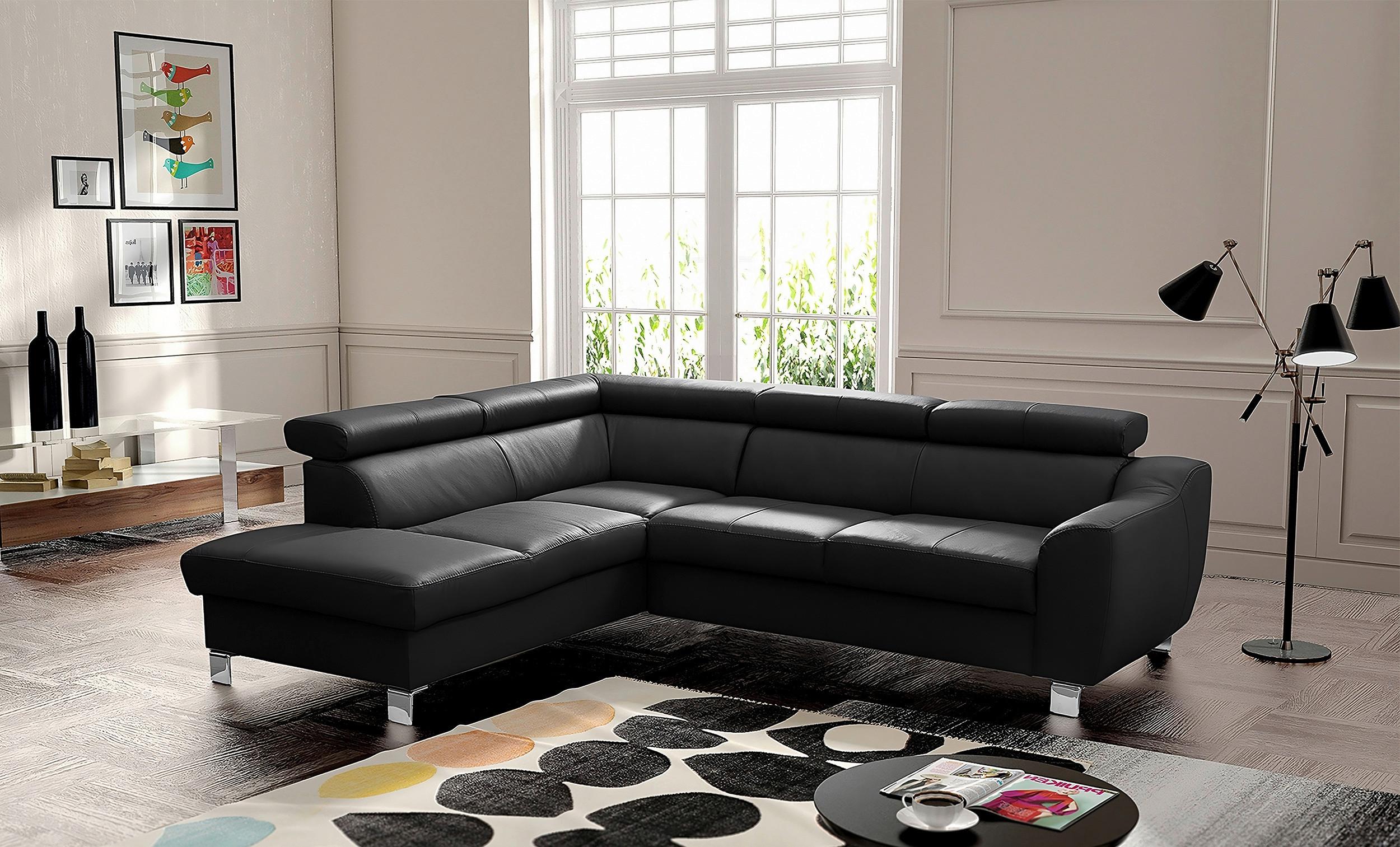 Ecksofa Aspen Mit Bettkasten Lederlook Schwarz 208x245 Cm - Chromfarben/Schwarz, Design, Leder/Textil (208/245cm) - Livetastic