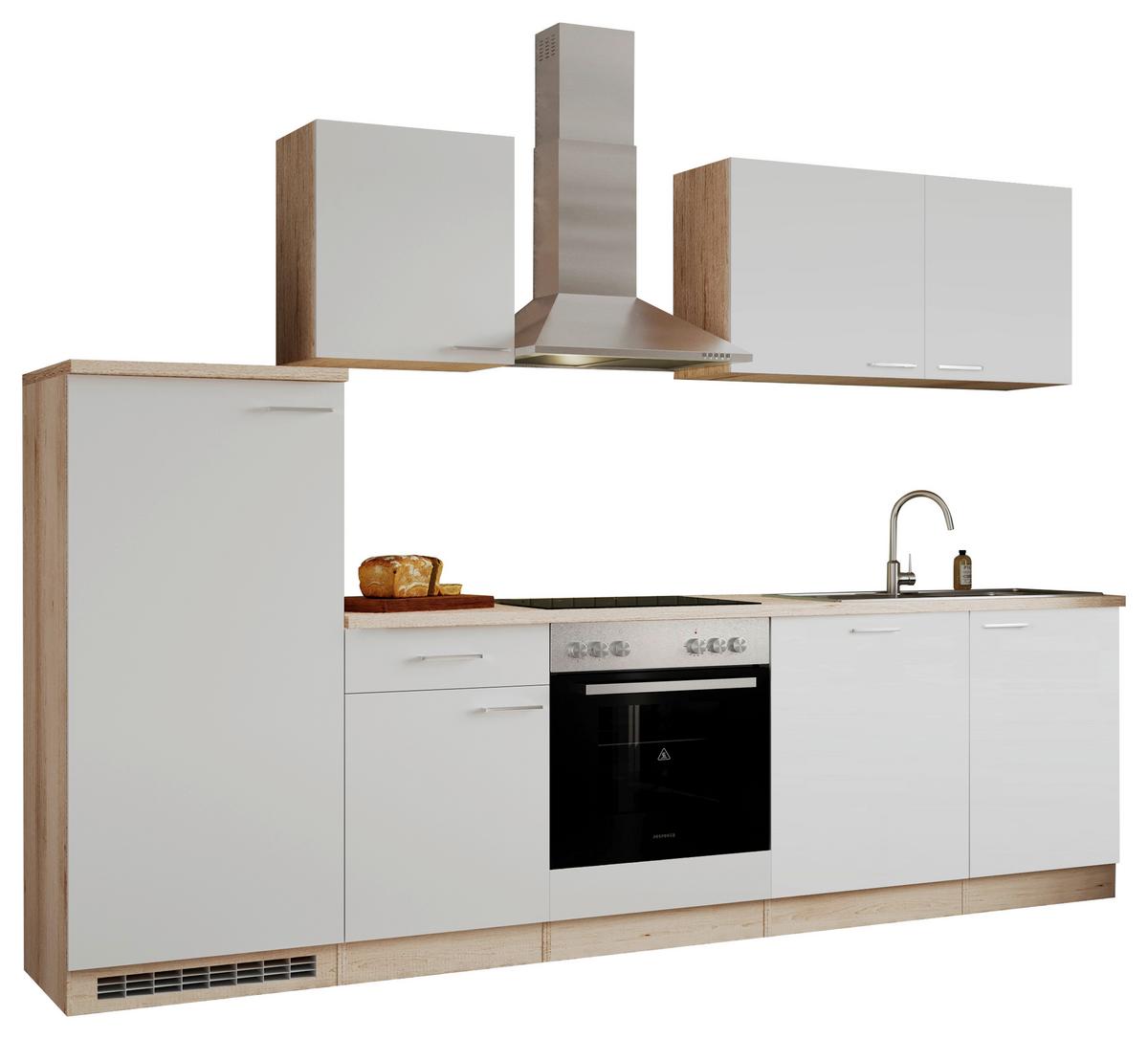 Küchenzeile Economy m. Geräten 280 cm Weiß/Eiche Dekor modern - Eichefarben/Weiß, Basics, Holzwerkstoff (280cm) - Respekta