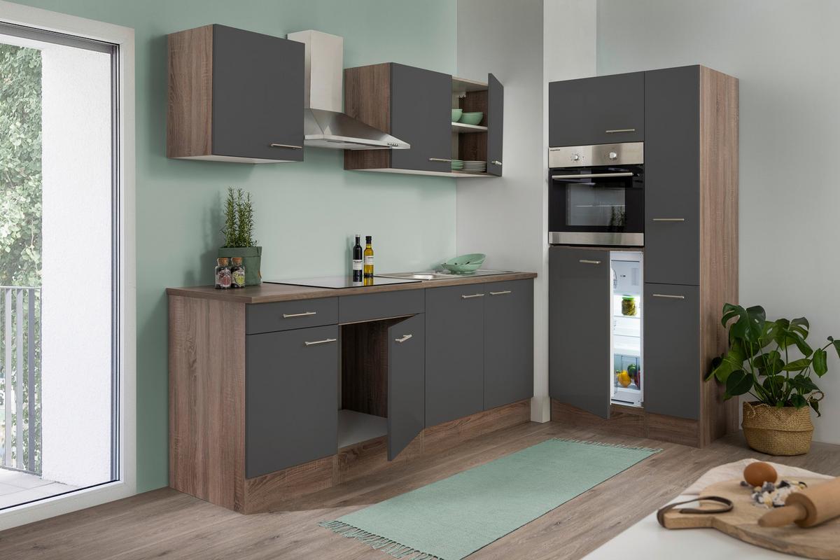 Küchenzeile mit Geräten B: 300 cm Grau/Eiche Dekor - Eichefarben/Weiß, Design, Holzwerkstoff (300cm) - Respekta