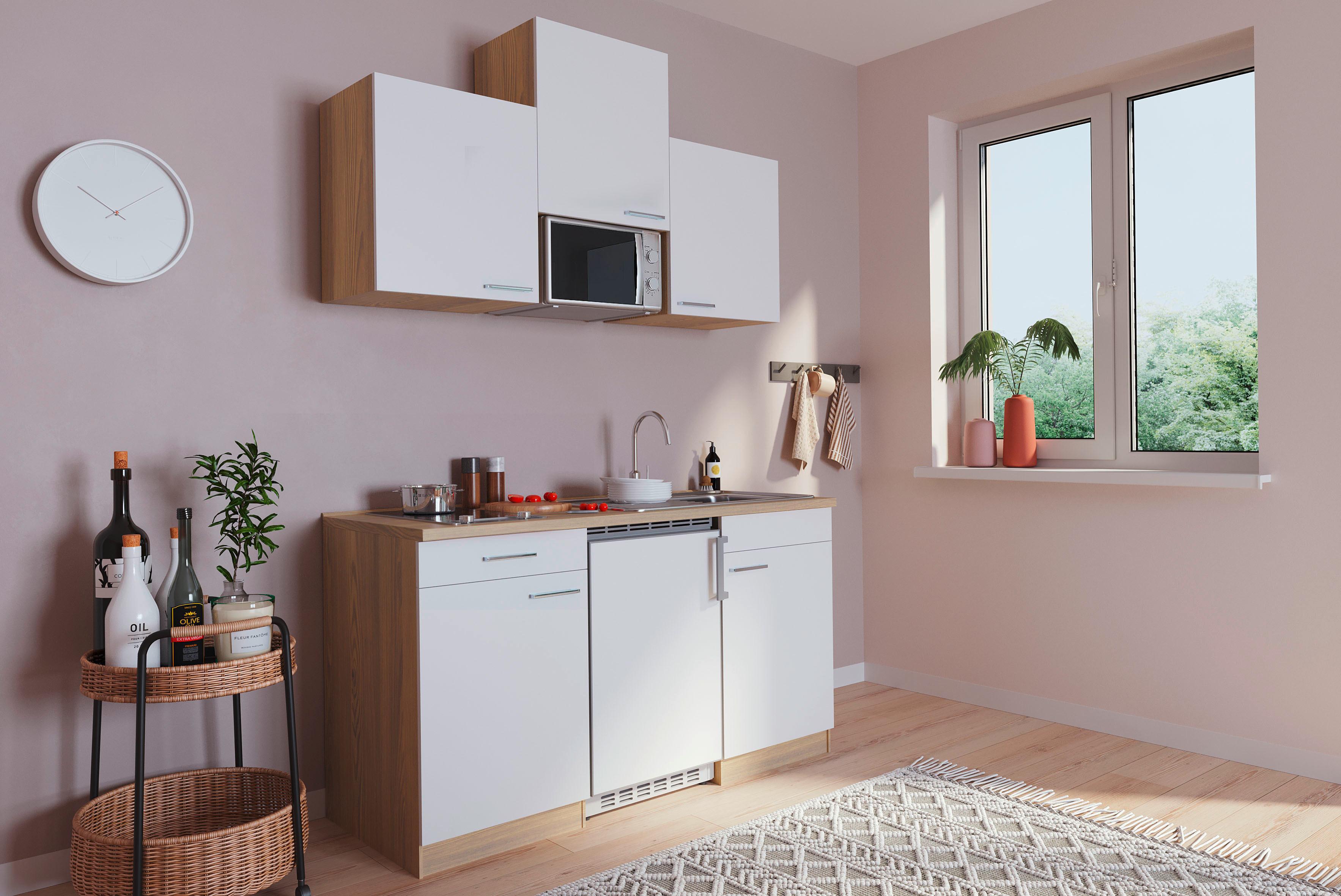 Miniküche mit Mikrowelle + Kochfeld 150 cm Weiß/Eiche - Eichefarben/Weiß, Basics, Holzwerkstoff (150cm) - Respekta