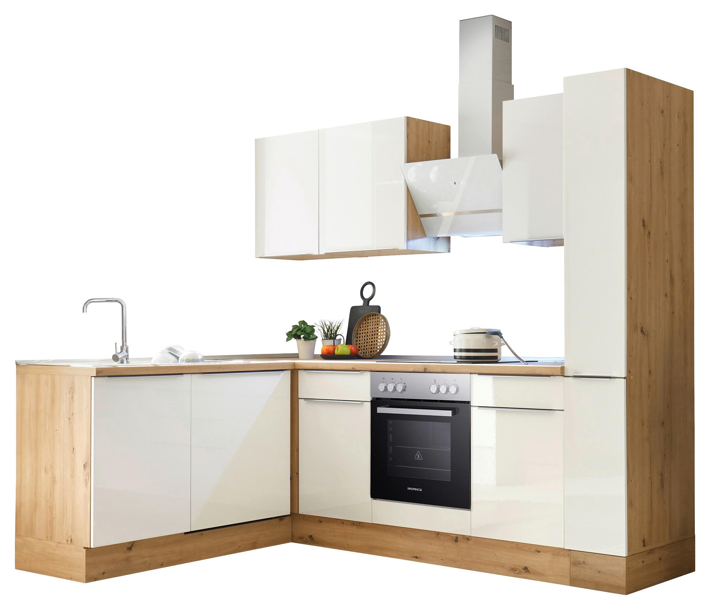 Eckküche mit Geräten 250x170 cm Weiß/Eiche Dekor, Modern - Weiß Hochglanz/Eiche Artisan, LIFESTYLE, Holzwerkstoff (250/170cm) - Respekta