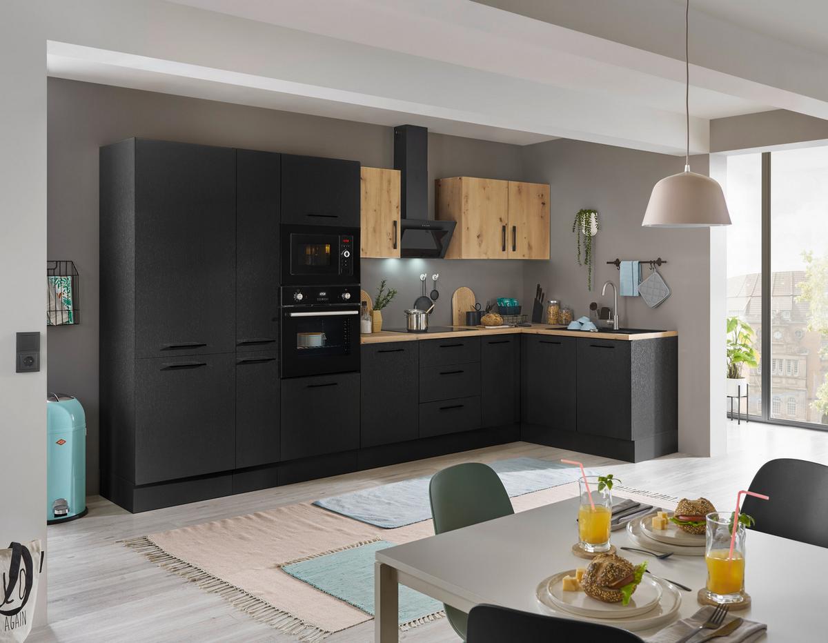 Eckküche Turin Schwarz/Eiche Dekor 360x165 cm - Schwarz/Eiche Artisan, Basics, Holzwerkstoff (360/165cm) - MID.YOU