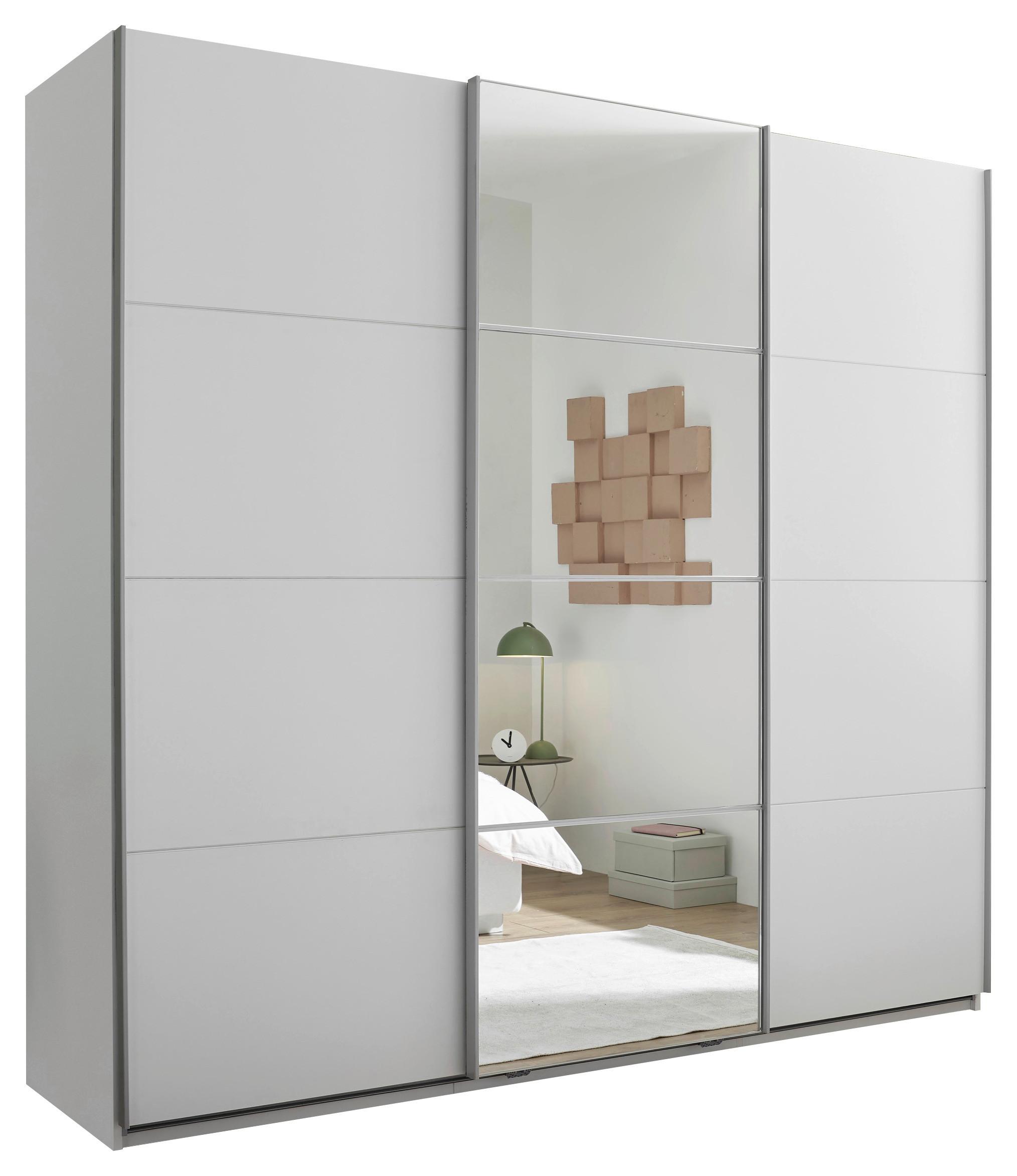 Schwebetürenschrank 3-Trg. Mit Spiegel 215 cm, Weiß - Weiß, KONVENTIONELL, Glas/Holzwerkstoff (215/204/60cm)