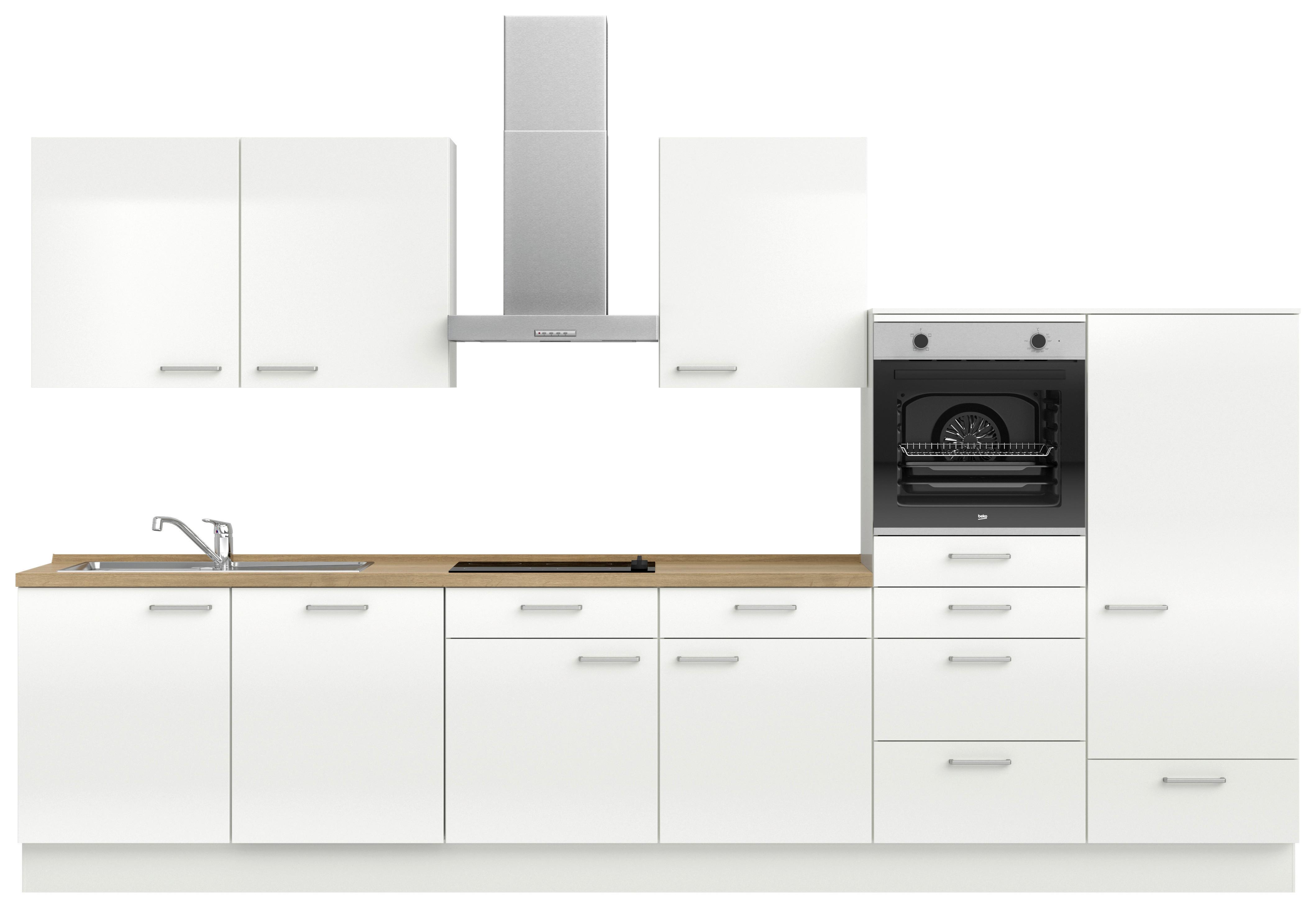 Kuchyňská linka 360 cm, alpská bílá vysoký lesk - barvy dubu/vysoce lesklá bílá, Moderní, kov/kompozitní dřevo (360cm) - Nobilia