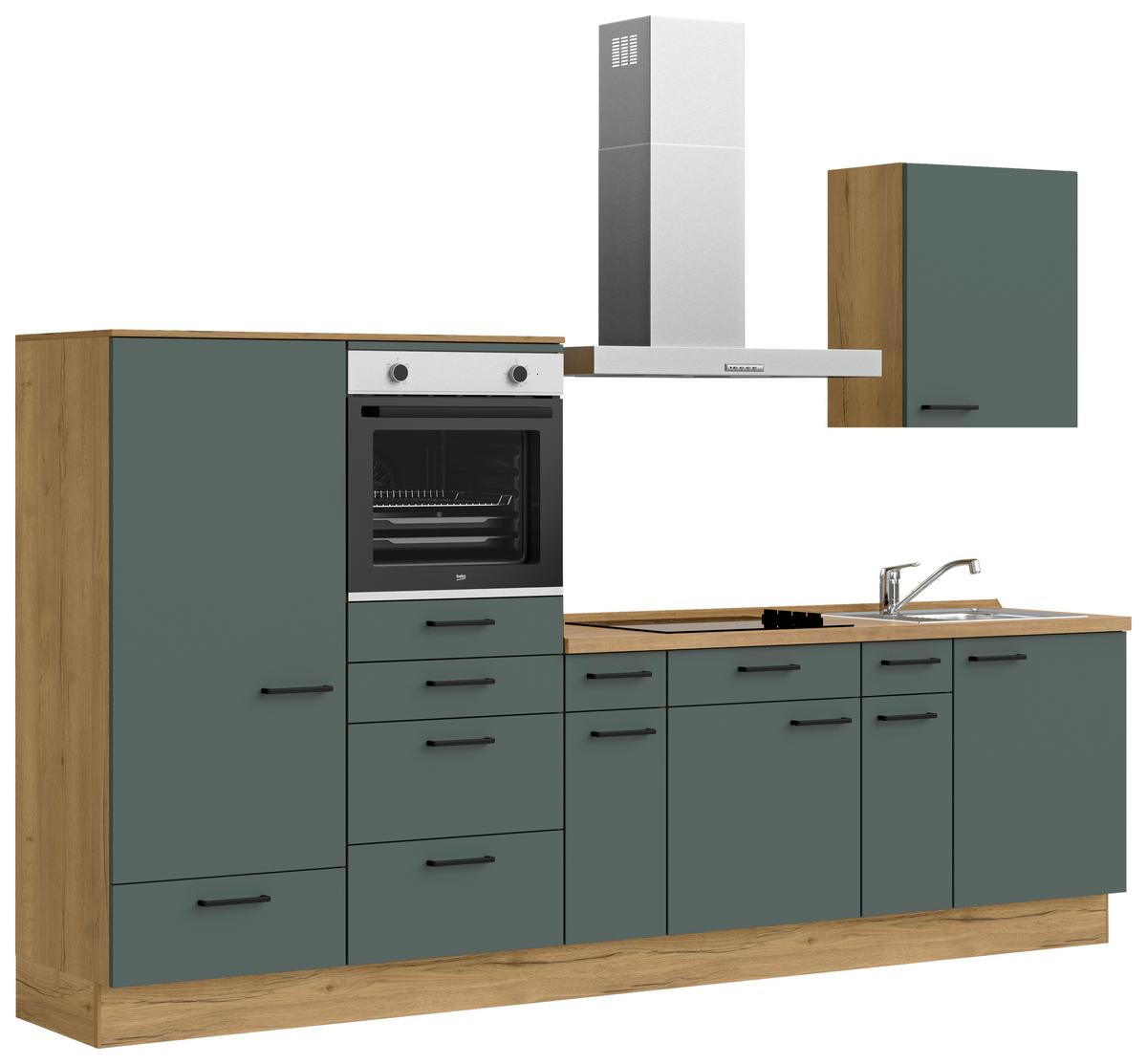 Kuchyňská linka 300 cm, minerální zelená,ultra matná - barvy dubu/černá, Moderní, kov/kompozitní dřevo (300cm) - Nobilia