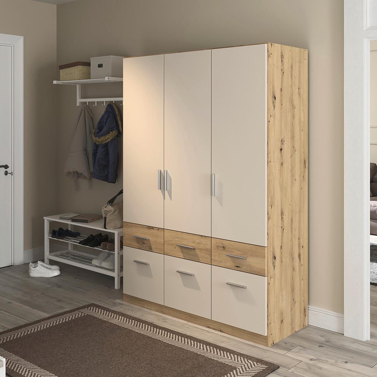 Skriňa s otočnými dveřmi CELLE, šířka 136 cm - dub artisan/barvy hliníku, Konvenční, kompozitní dřevo/plast (136/197/54cm) - Mömax