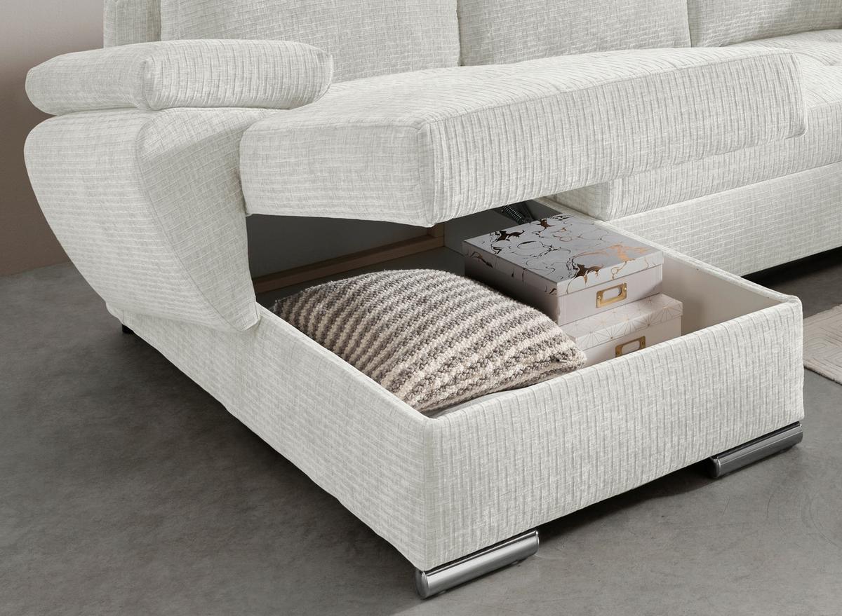 Wohnlandschaft Terana Creme mit Schlaffunktion, Mikrofaser - Chromfarben/Creme, KONVENTIONELL, Textil (157/305/219cm) - Livetastic