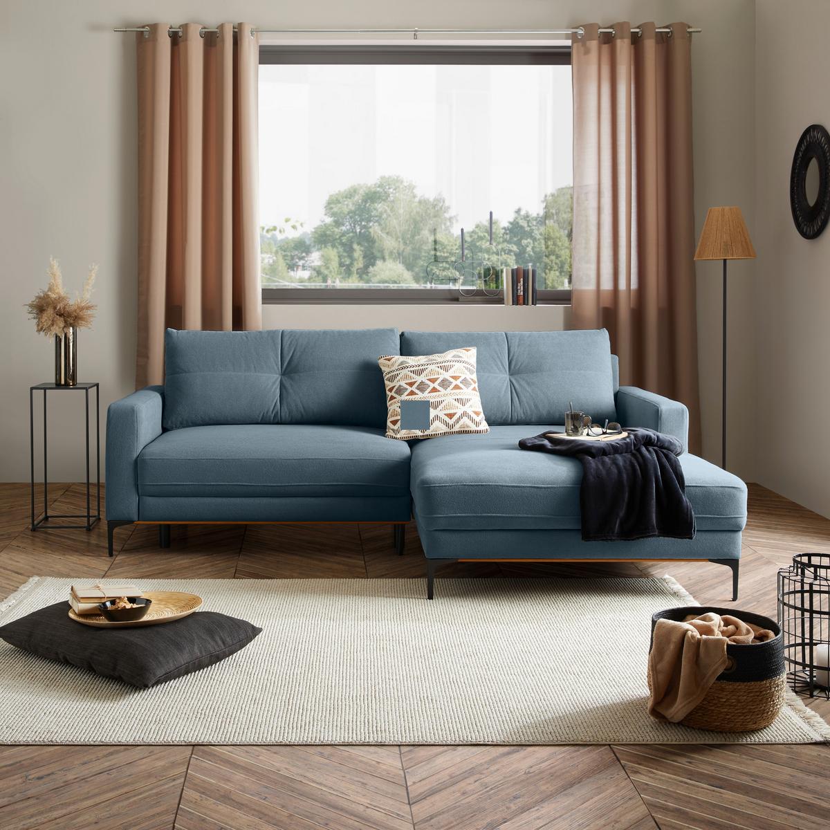 Rohová sedačka BERGAMO, pravá, světle modrá - černá/světle modrá, Moderní, kov/textil (238/162cm) - Ondega