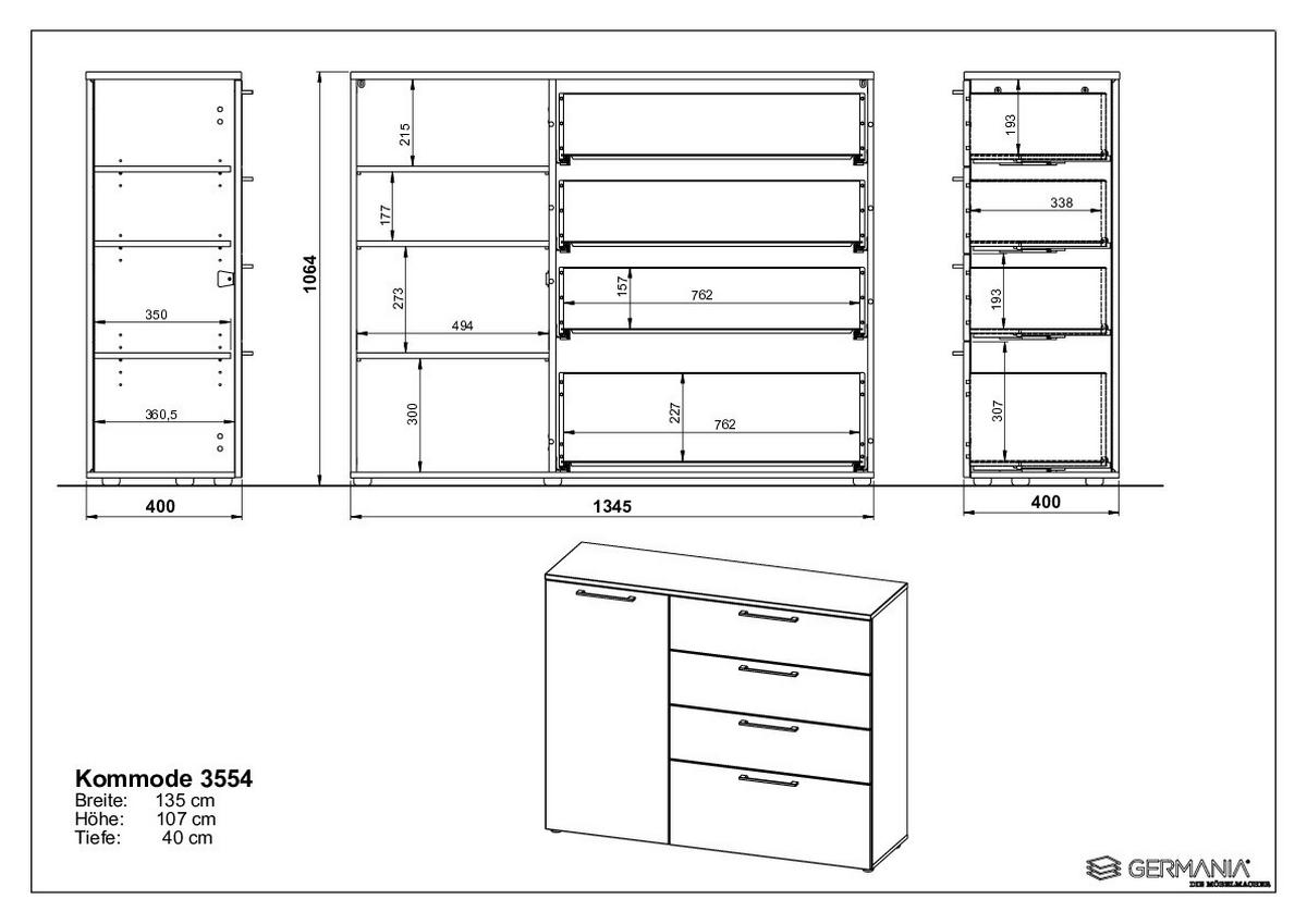 Kommode Gw-Sunnyvale Weiß B: 135cm - Schwarz/Weiß, MODERN, Holzwerkstoff (135/107/40cm) - Germania