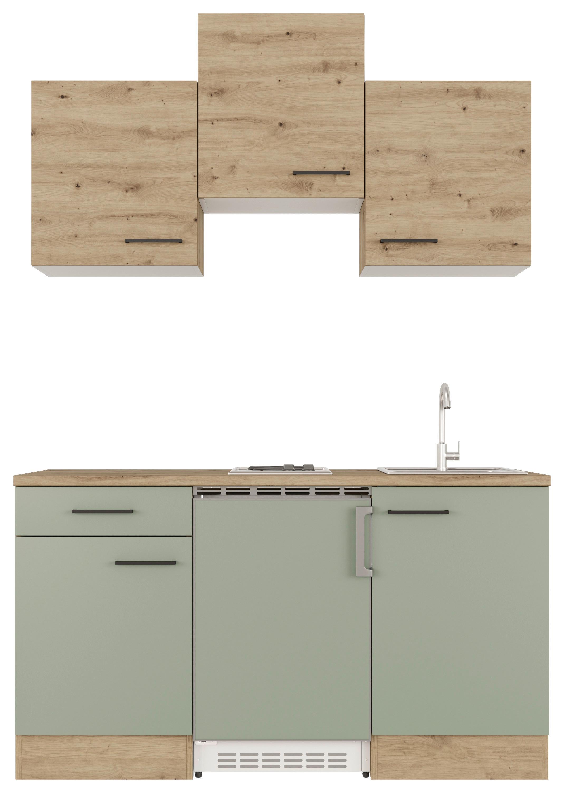 Minikuchyňa CARA vrátane spotrebičov a drezu - čierna/zelená, Basics, kov/kompozitné drevo (150,5cm) - FlexWell