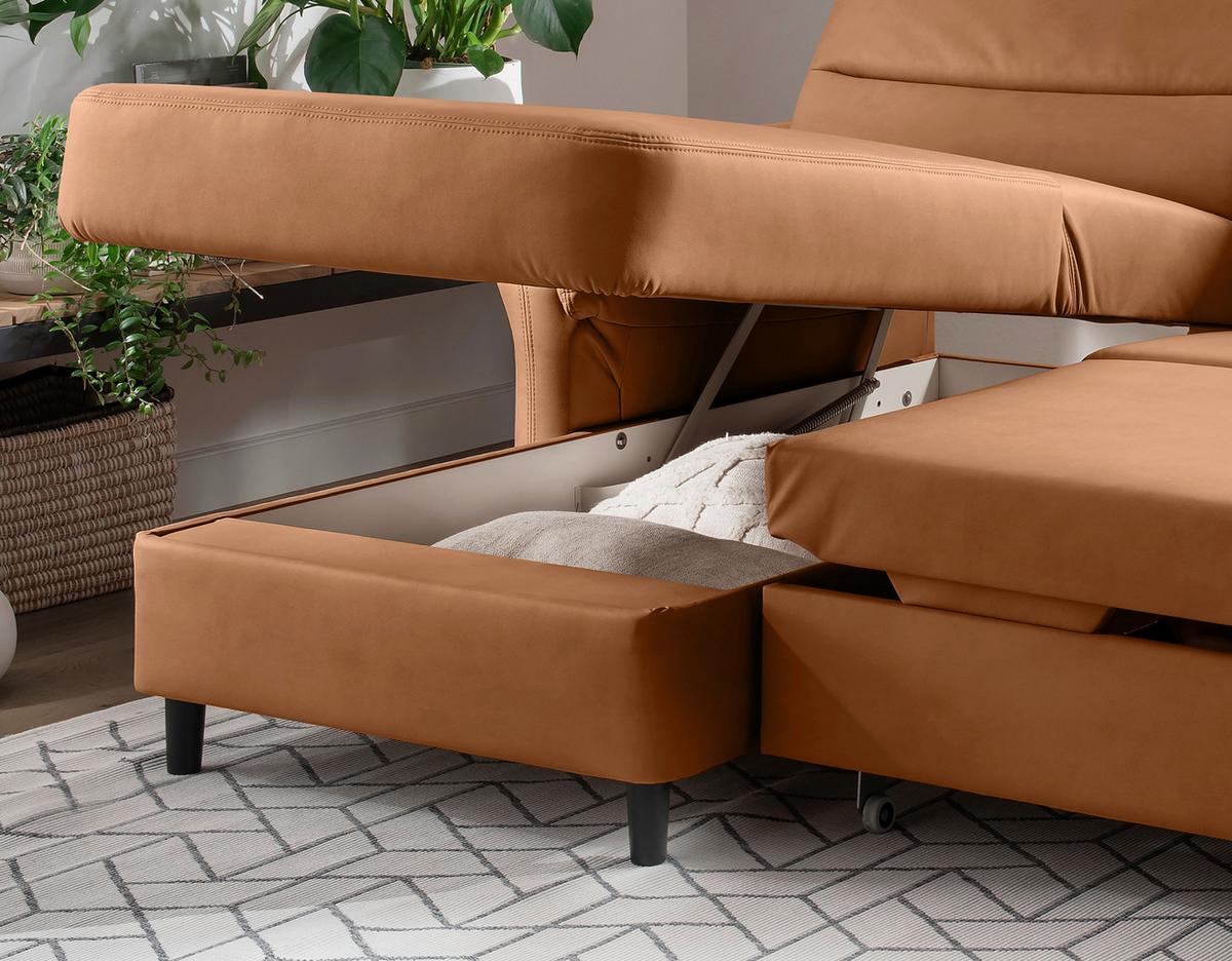 Ecksofa Cavoli, Cognac S: 176x279 cm - Cognac/Schwarz, MODERN, Textil (176/279cm) - Livetastic