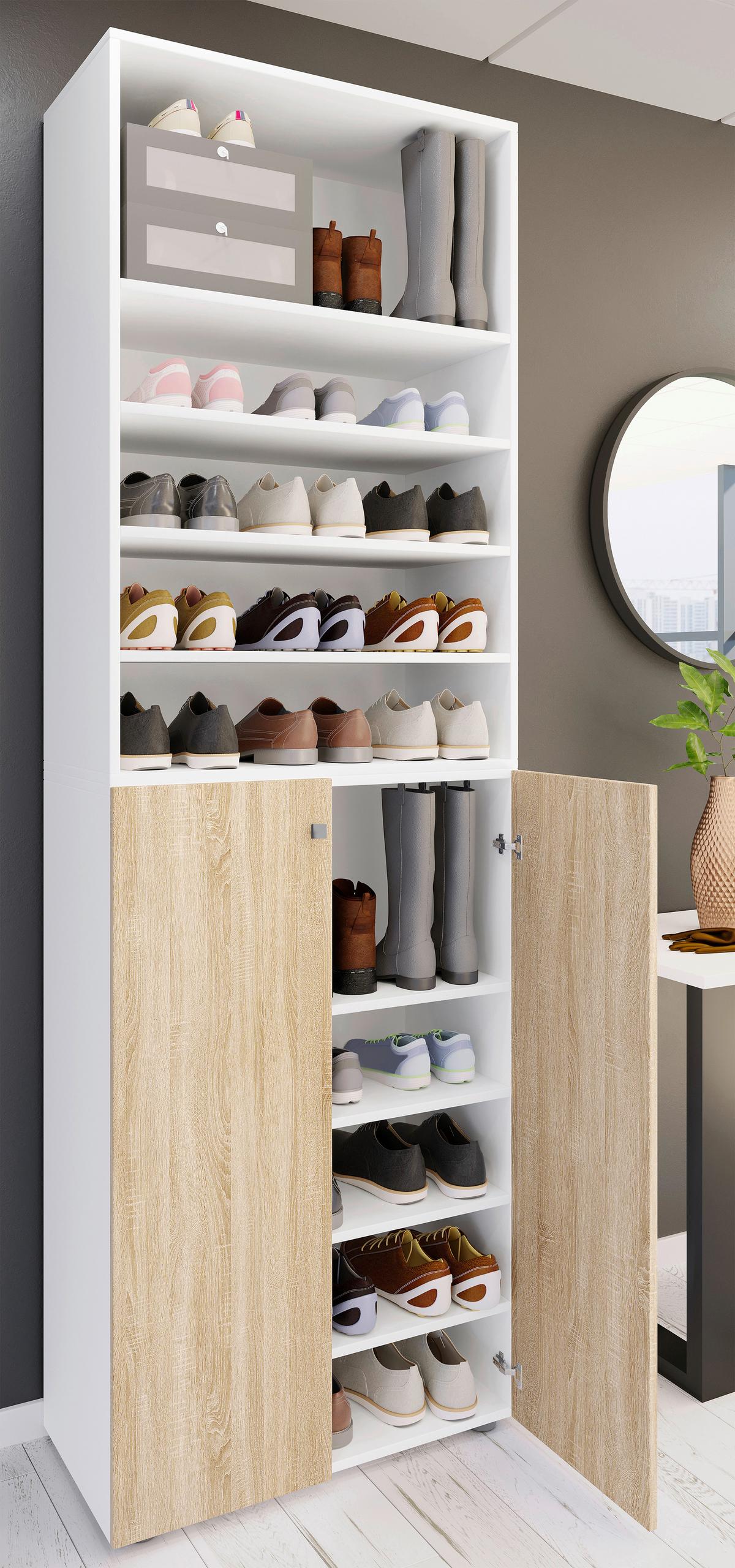Schuhschrank Lona Weiß Sonoma Eiche Dekor - Schwarz/Weiß, Design, Holzwerkstoff (70/220/40cm) - MID.YOU