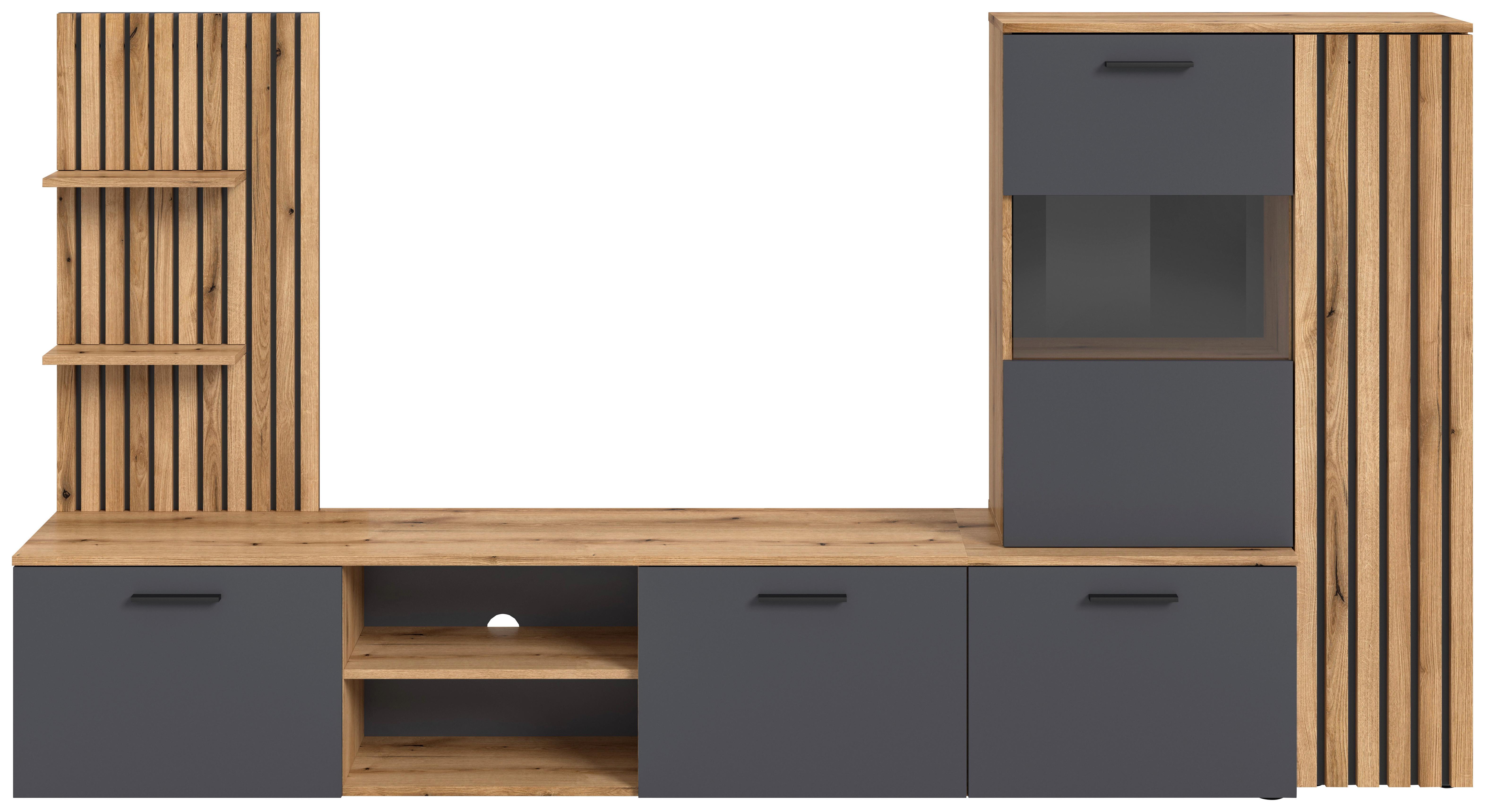 Obývací stěna Mailand š: 250cm - barvy dubu/černá, Moderní, kompozitní dřevo/plast (250/135/38cm) - Mömax