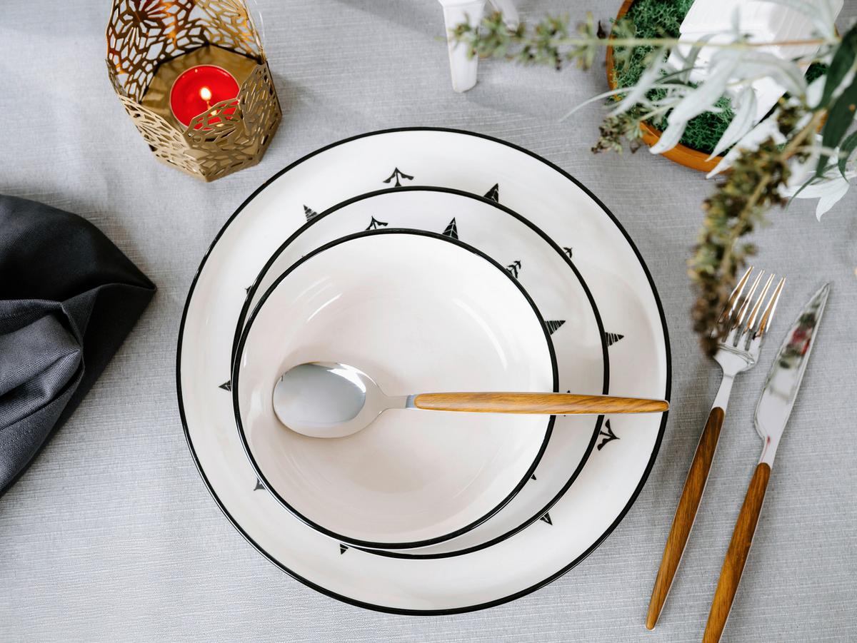 Tafelservice 8 tlg. Steinzeug, Schwarz/Weiß - Schwarz/Weiß, Basics, Keramik - Creatable