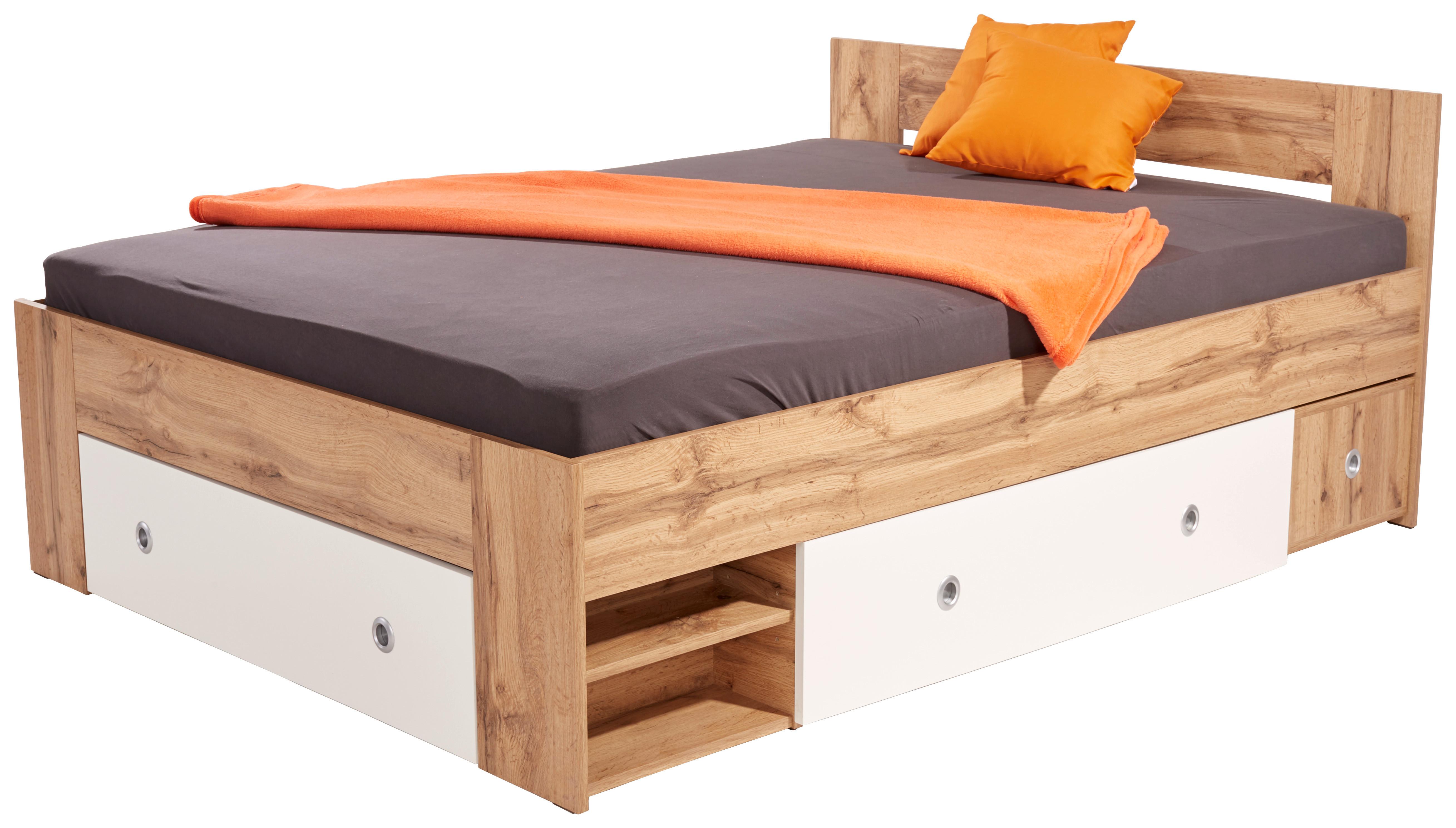 Postel s úložným prostorem Azurro,140x200, bílá/dub - bílá/dub wotan, Moderní, kompozitní dřevo (140/200cm)