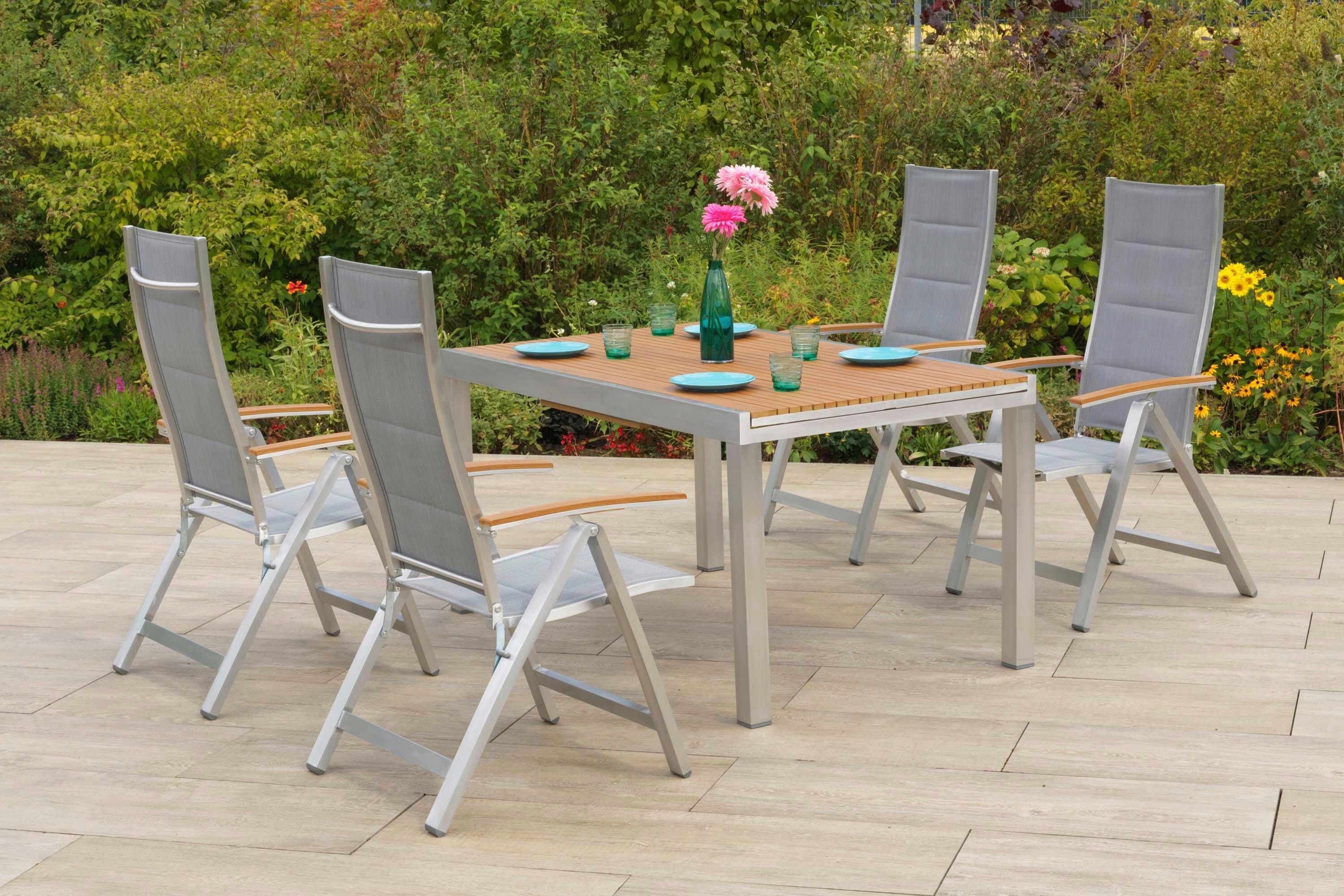 Gartentischgruppe San Remo 5 -Teilig. Grau/Natur/Silberfarben - Silberfarben/Naturfarben, KONVENTIONELL, Kunststoff/Textil - Gardenson