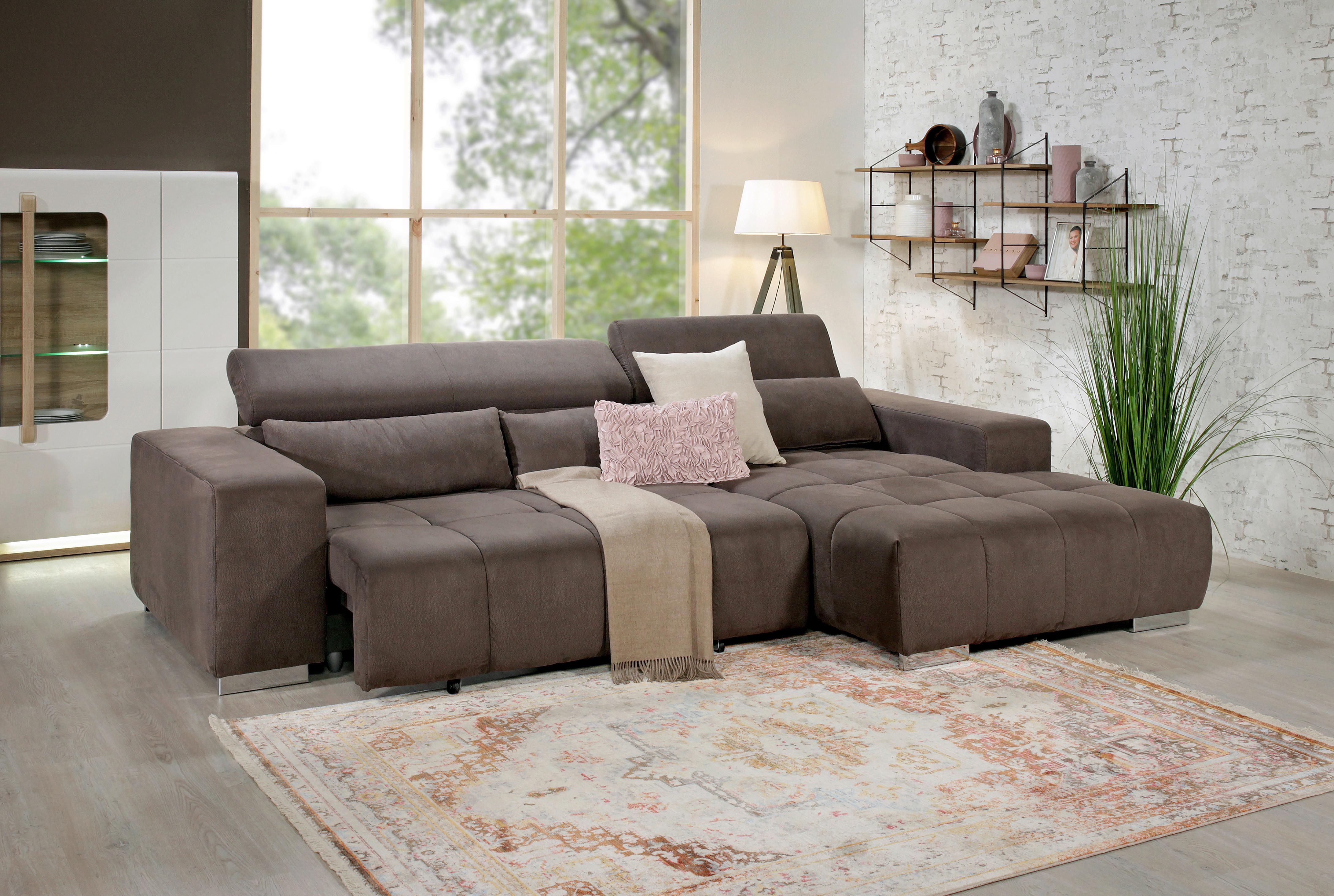 Ecksofa M. Relaxfunktion Orion Kopfstütze Klappbar Graubraun - Graubraun/Silberfarben, KONVENTIONELL, Textil (307/186cm) - Livetastic