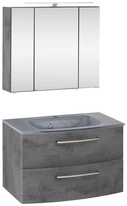 Badmöbel-Set 3-Tlg. inkl. LED Stockholm 80cm Grau - Grau, KONVENTIONELL, Glas/Holzwerkstoff (80cm) - Held